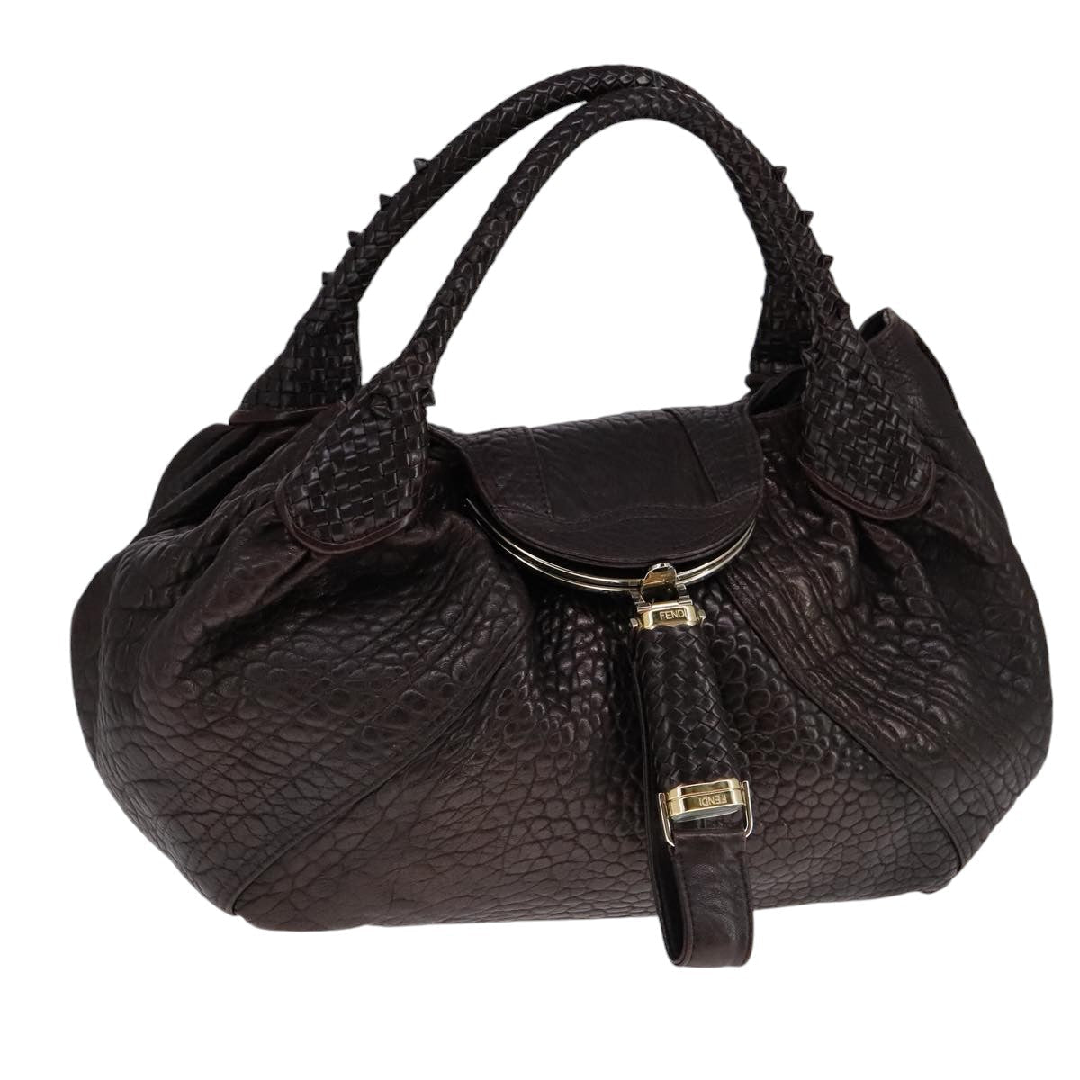 FENDI Spy bag Hand Bag Leather Brown Gold ki5356