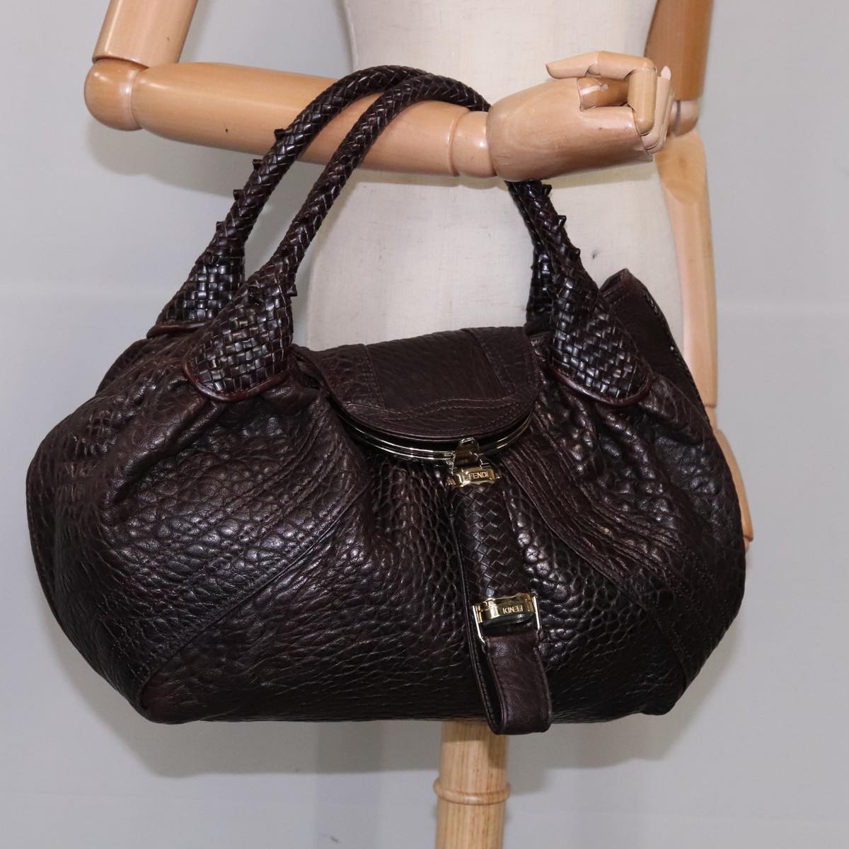 FENDI Spy bag Hand Bag Leather Brown Gold ki5356