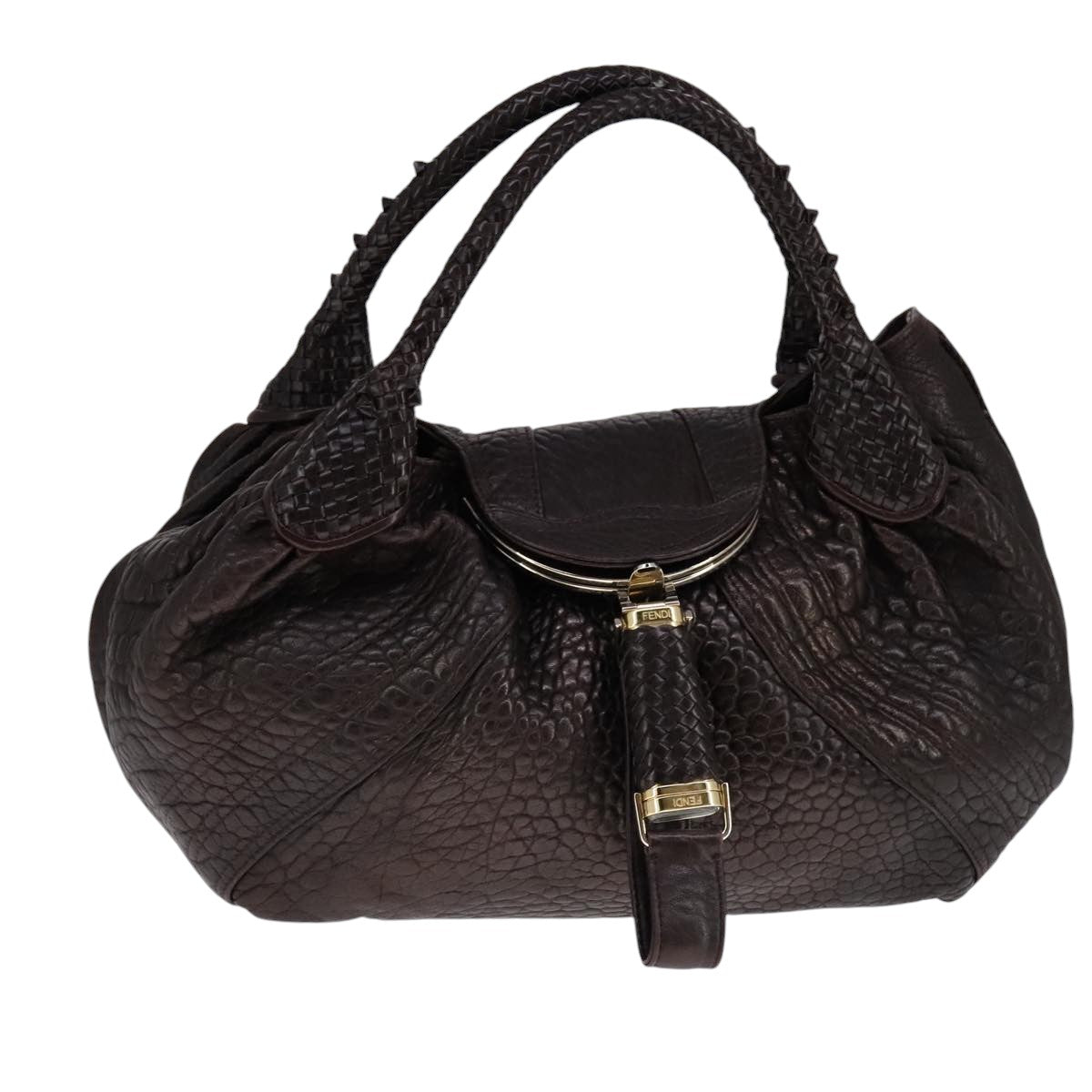 FENDI Spy bag Hand Bag Leather Brown Gold ki5356