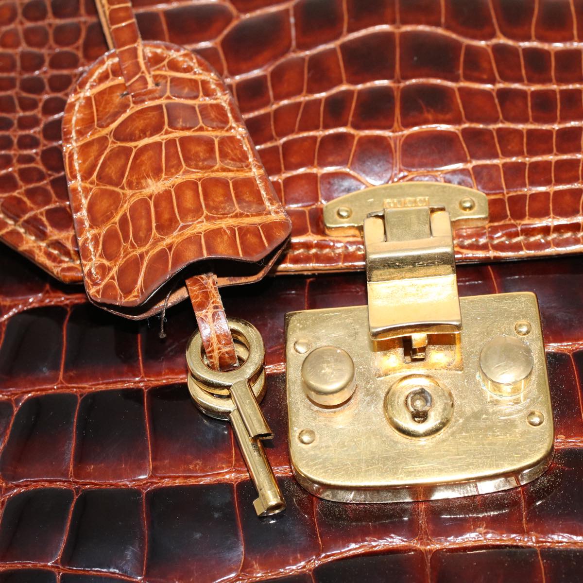 GUCCI Hand Bag Crocodile 2way Brown kk194