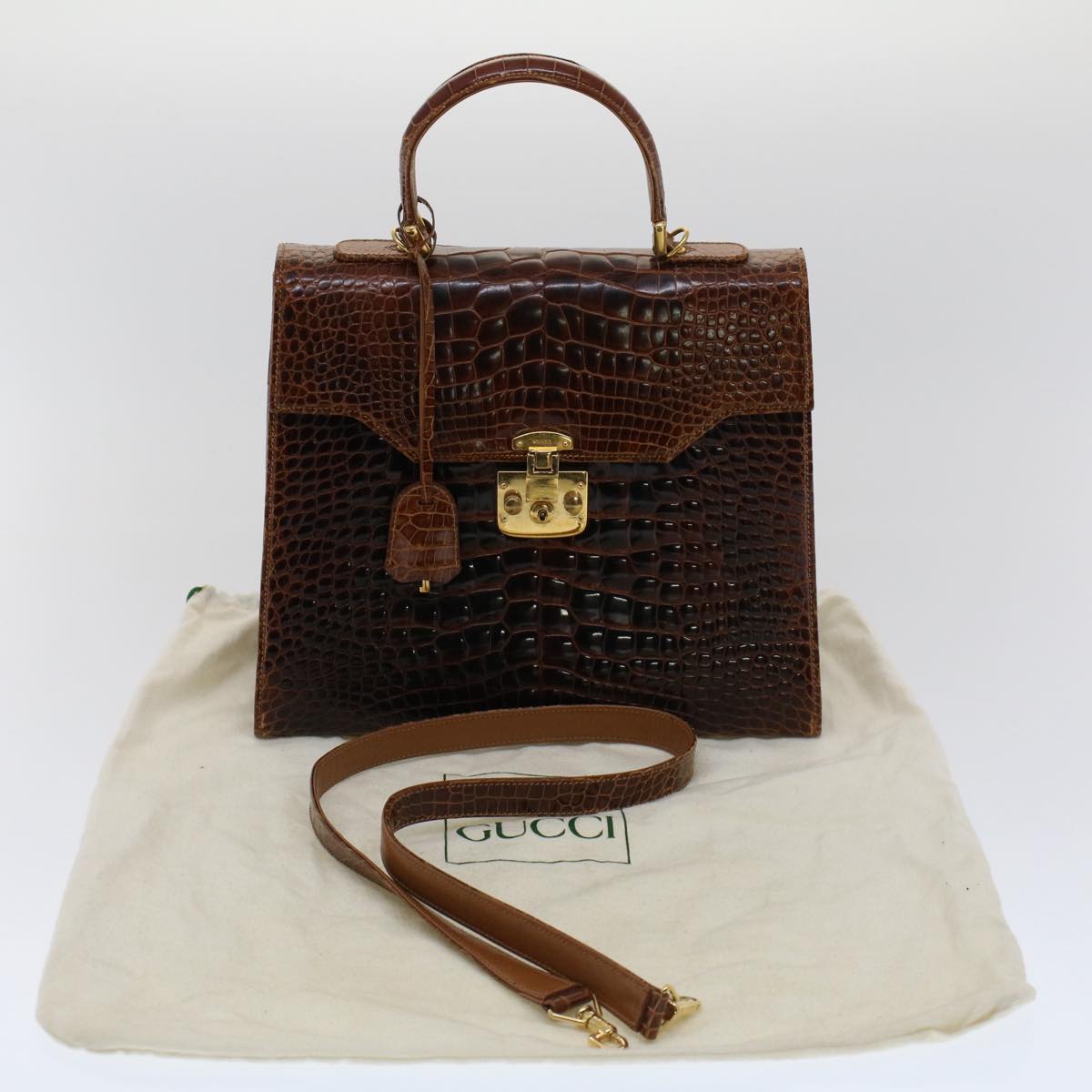 GUCCI Hand Bag Crocodile 2way Brown kk194