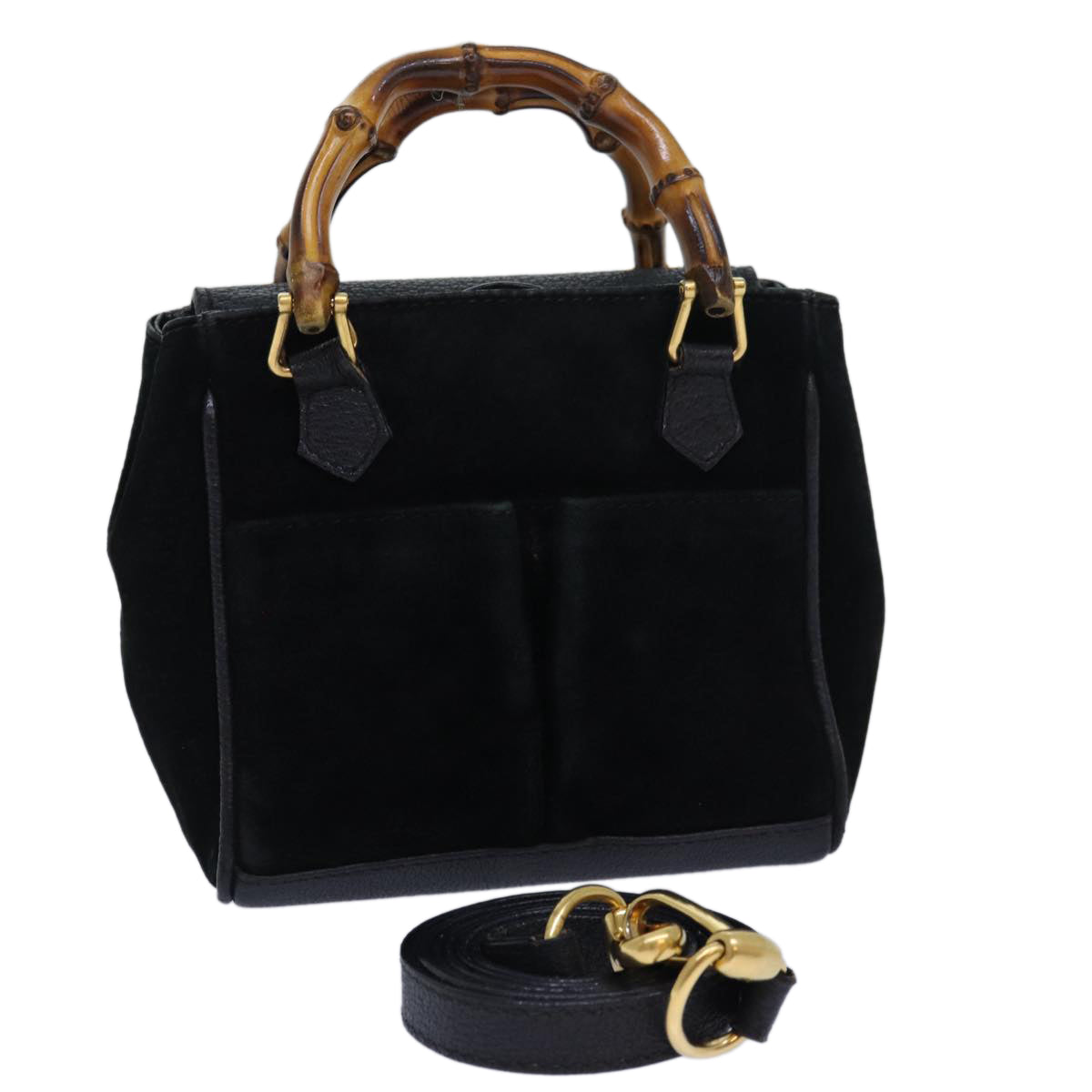 GUCCI Bamboo Hand Bag Suede 2way Black kk266