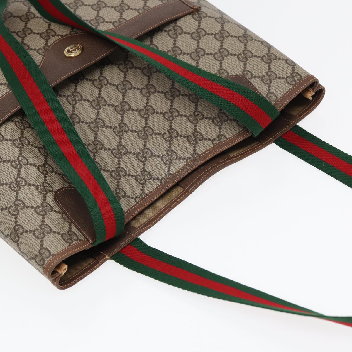 GUCCI GG Canvas Web Sherry Line Tote Bag PVC Leather Beige Green Red kk273