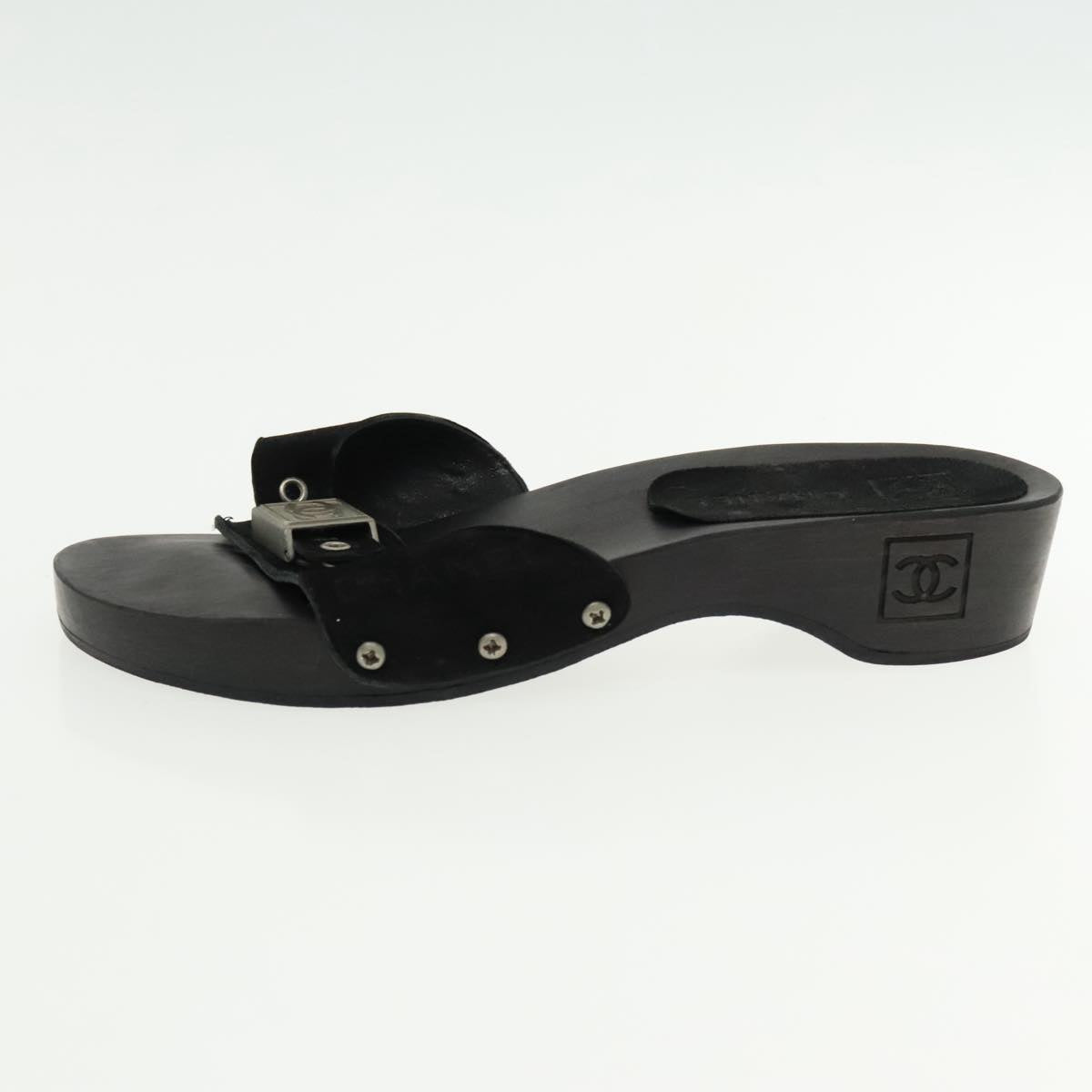 CHANEL Size 37 Sandals Suede Black Silver CC kk353