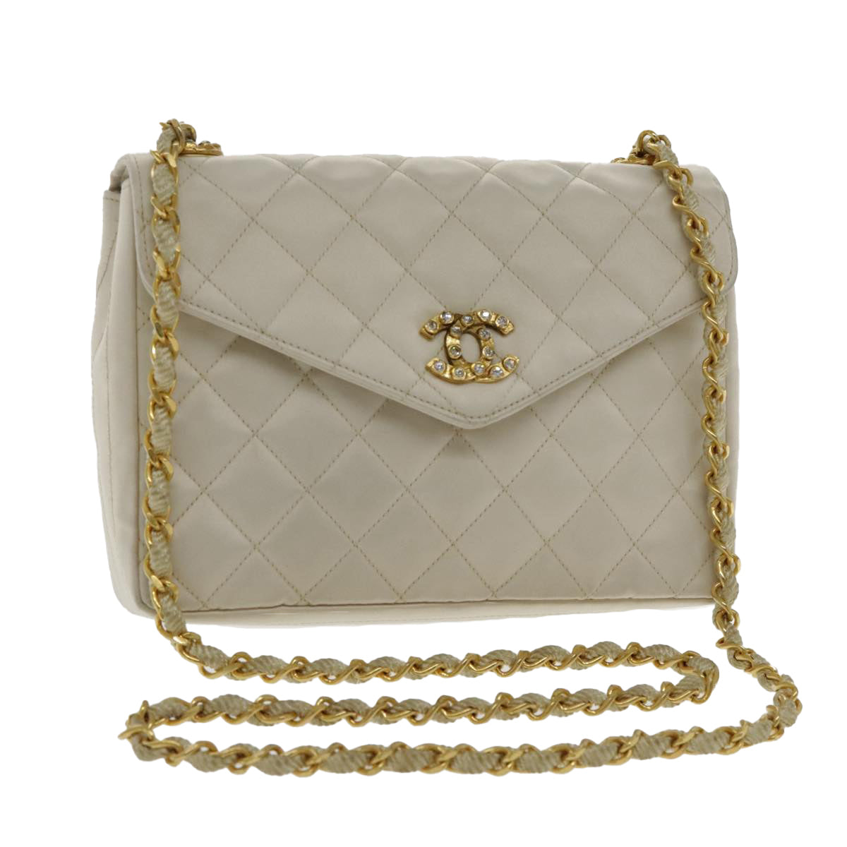 CHANEL Matelasse Chain Shoulder Bag Satin White Gold CC kk366A