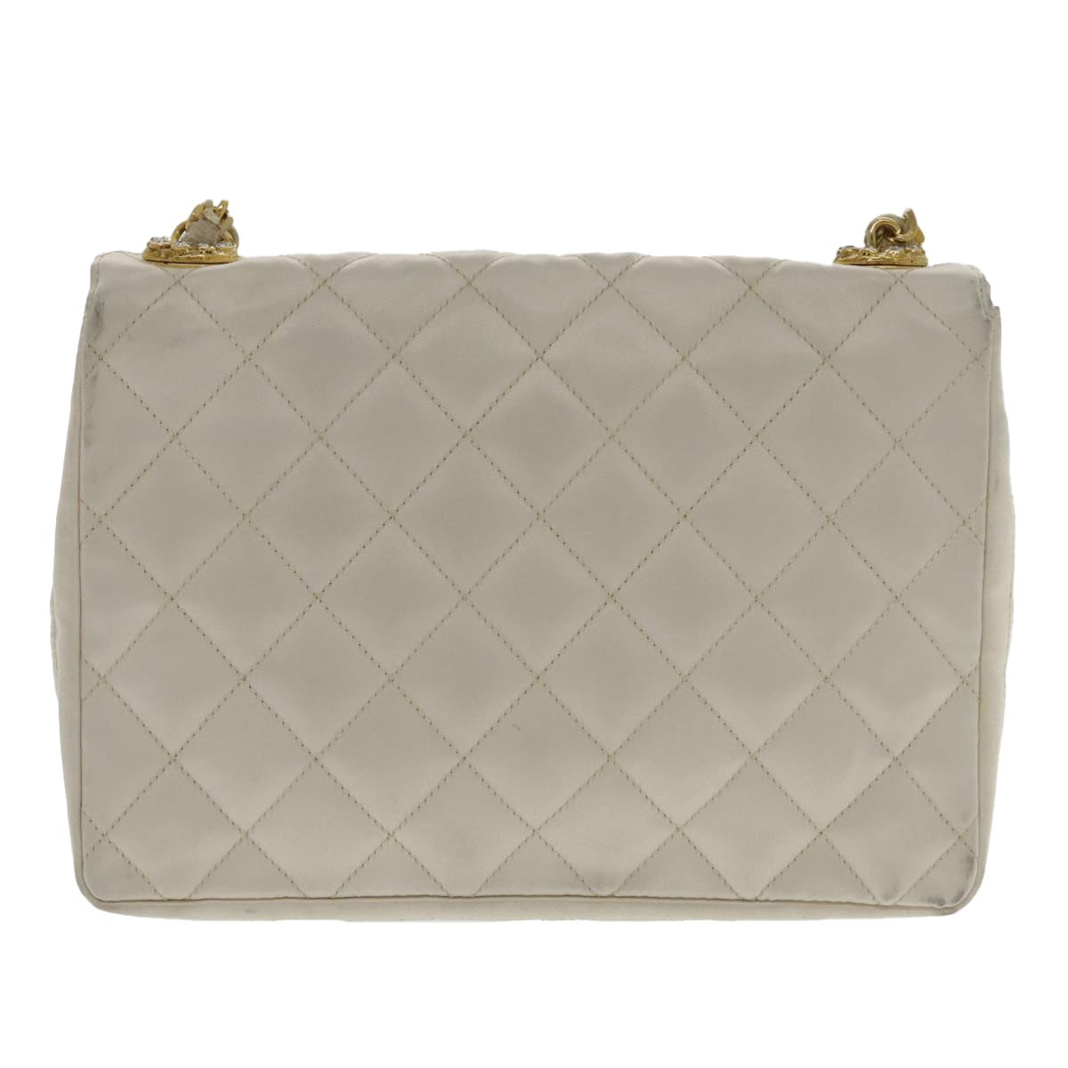 CHANEL Matelasse Chain Shoulder Bag Satin White Gold CC kk366A