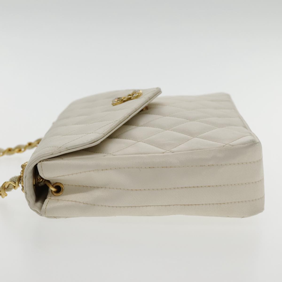 CHANEL Matelasse Chain Shoulder Bag Satin White Gold CC kk366A