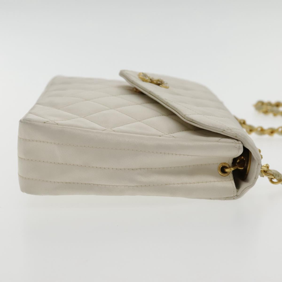 CHANEL Matelasse Chain Shoulder Bag Satin White Gold CC kk366A