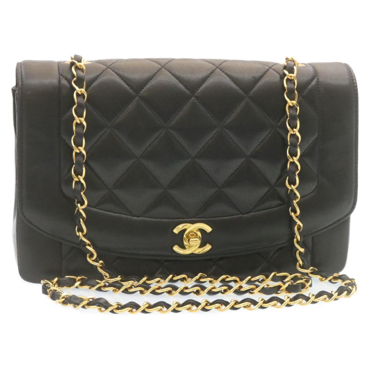 CHANEL Chain Turn Lock Diana Matelasse Shoulder Bag Lamb Skin Black knn076