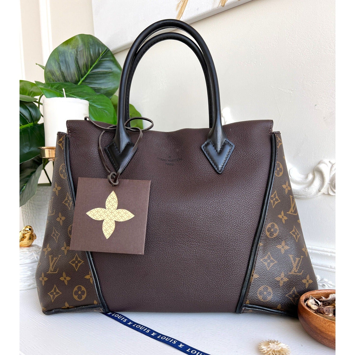Louis Vuitton W Tote Monogram Cuir Orfevre Handbag Purse Chocolate 848-12624