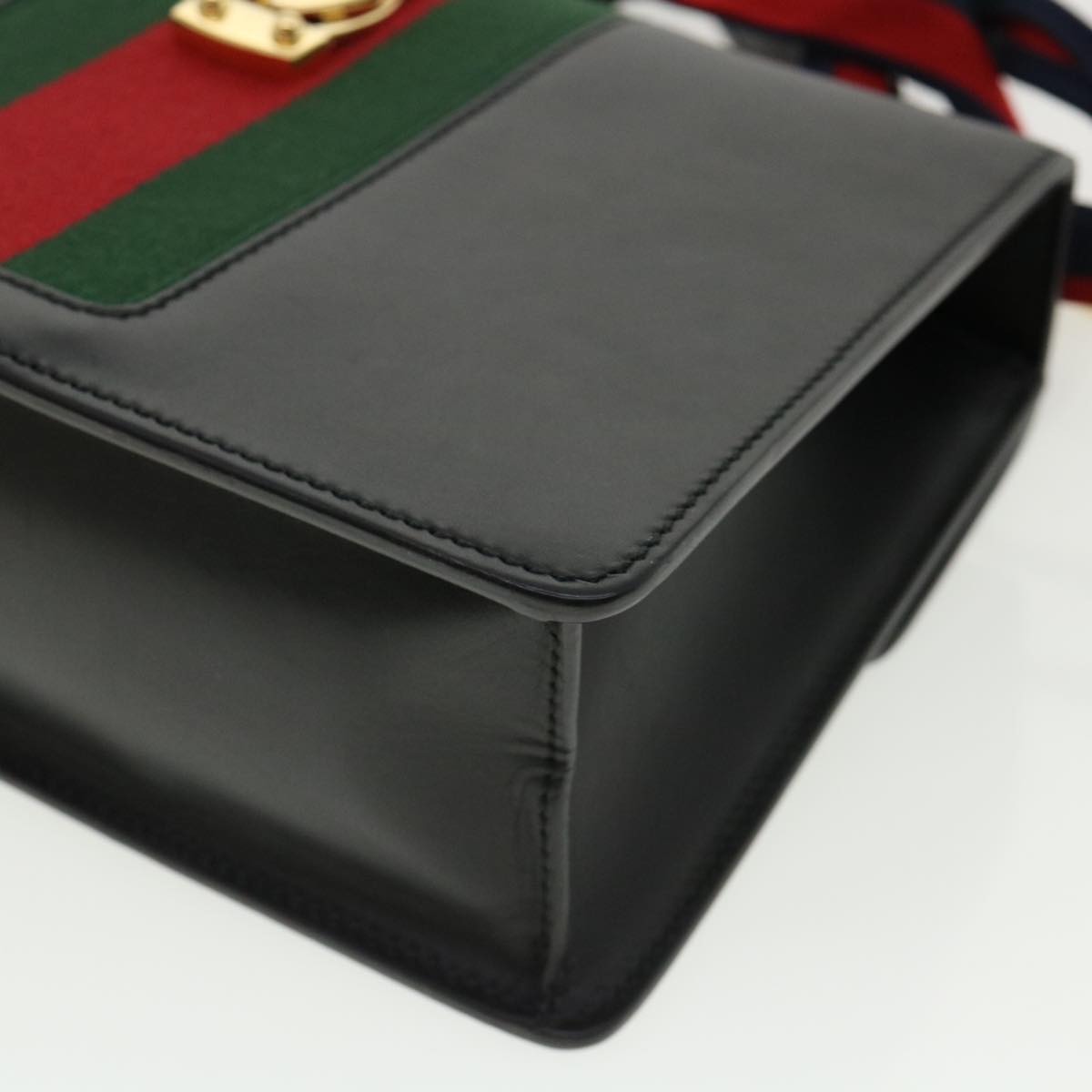 GUCCI Web Sherry Line Silvi Shoulder Bag Leather Black Green 421882 lt690