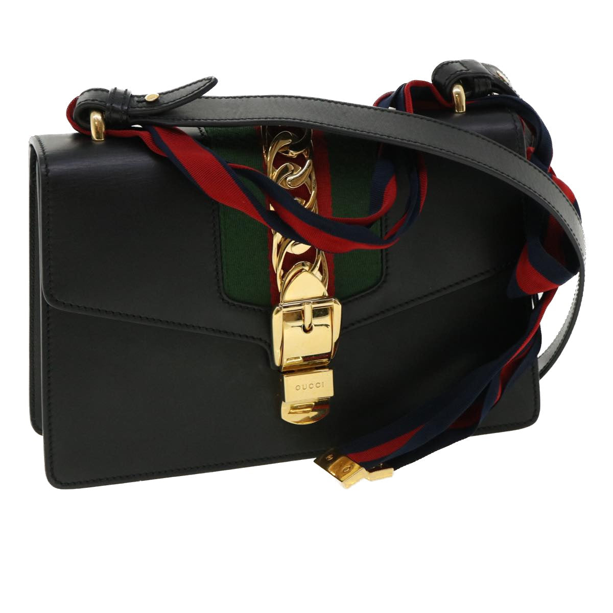 GUCCI Web Sherry Line Silvi Shoulder Bag Leather Black Green 421882 lt690
