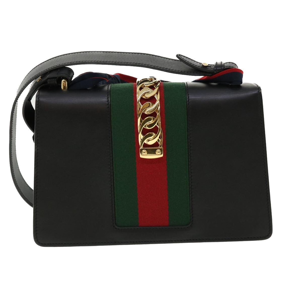 GUCCI Web Sherry Line Silvi Shoulder Bag Leather Black Green 421882 lt690