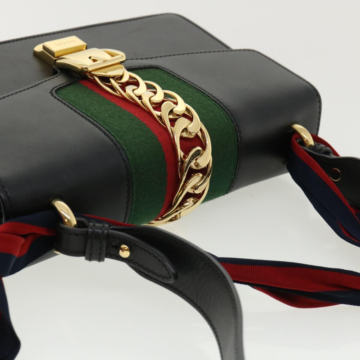 GUCCI Web Sherry Line Silvi Shoulder Bag Leather Black Green 421882 lt690