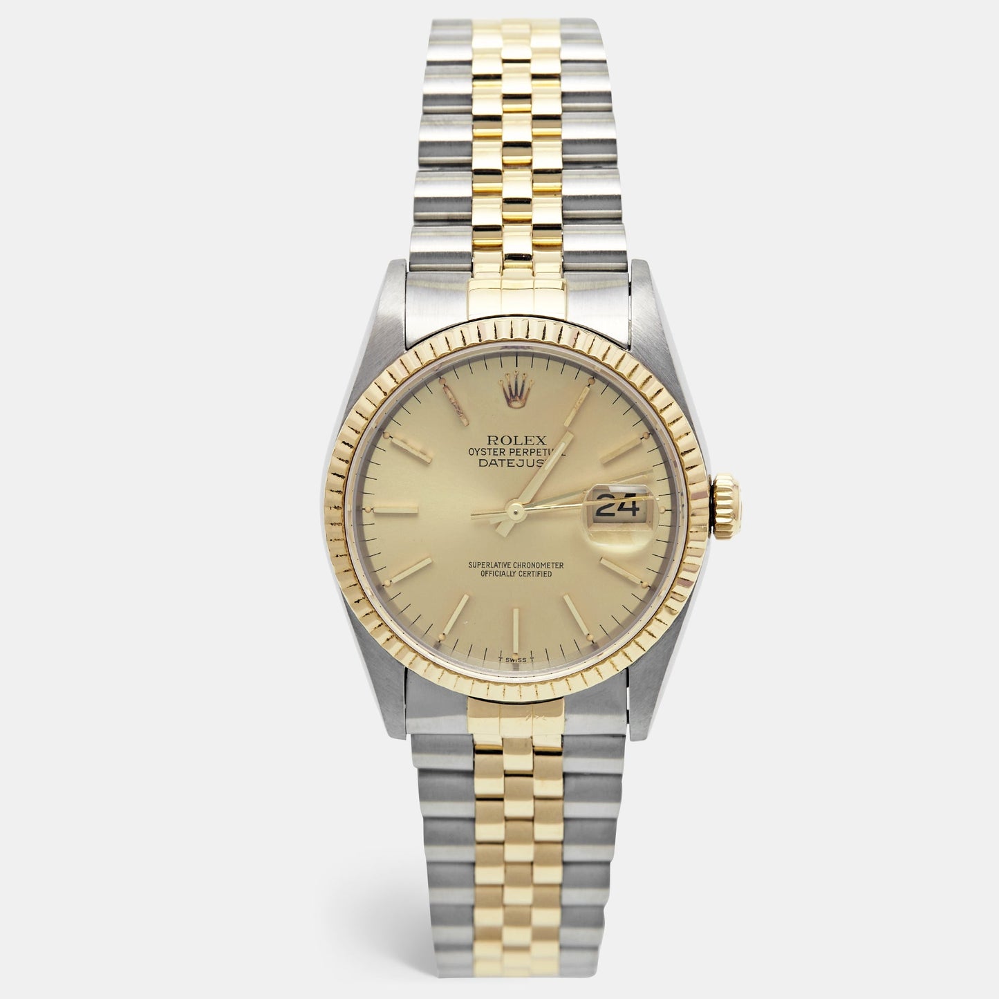 ROLEX Champagne 18k Yellow Gold Stainless Steel Datejust 16233 Men's Wristwatch 36 mm