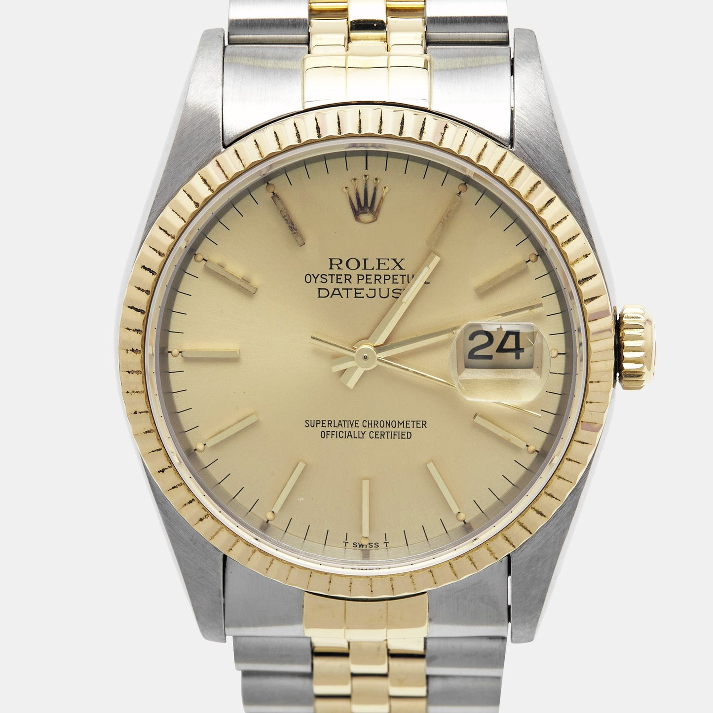 ROLEX Champagne 18k Yellow Gold Stainless Steel Datejust 16233 Men's Wristwatch 36 mm