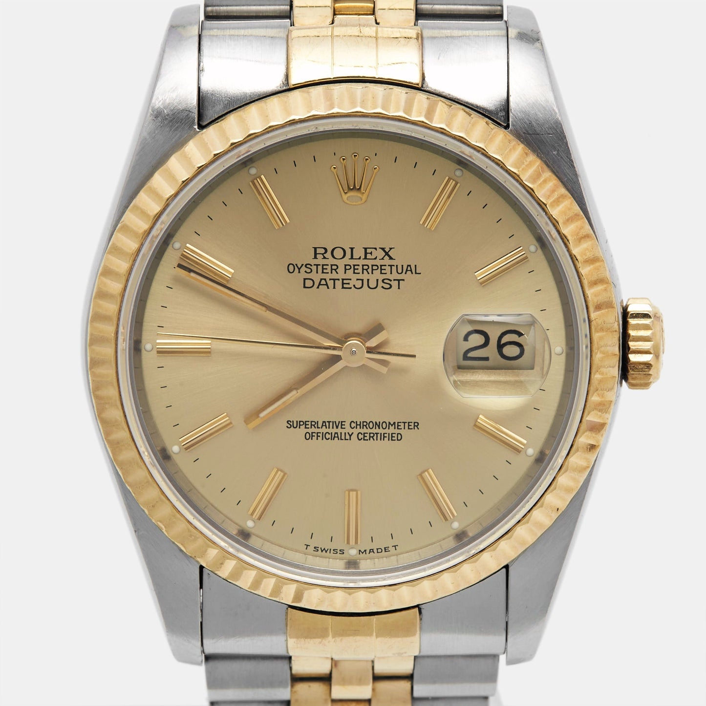 ROLEX Champagne 18k Yellow Gold Stainless Steel Datejust 16233 Men's Wristwatch 36 mm