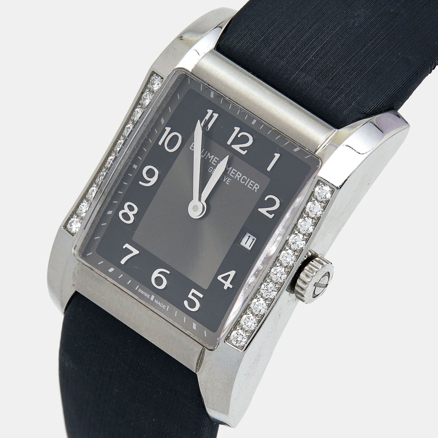 BAUME & MERCIER Grey Stainless Steel Leather Diamond Hampton 65694 Women's Wristwatch 27 mm