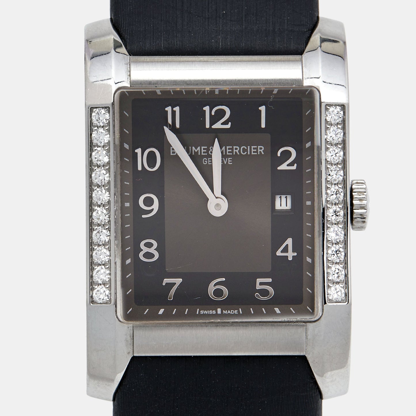 BAUME & MERCIER Grey Stainless Steel Leather Diamond Hampton 65694 Women's Wristwatch 27 mm