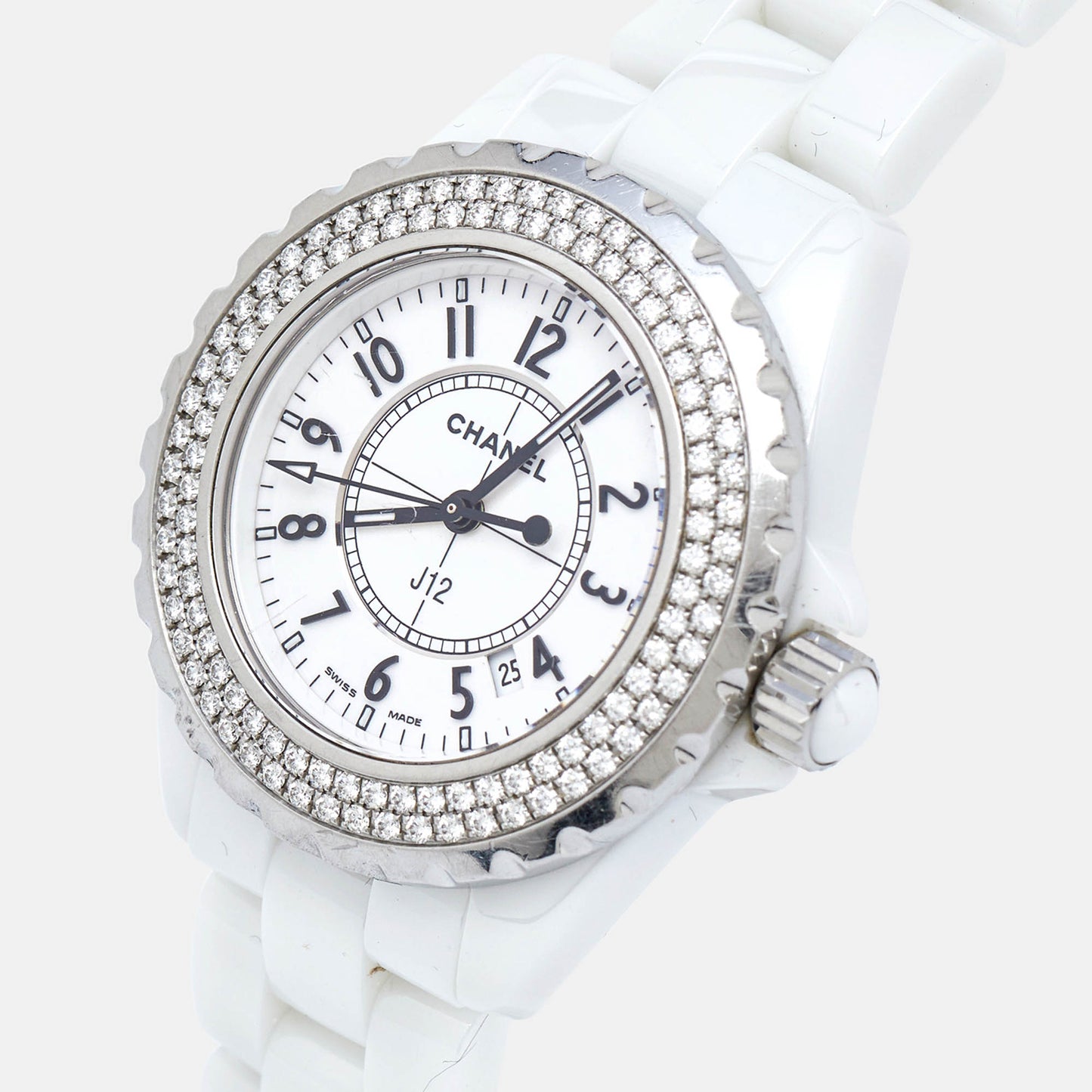 CHANEL White Ceramic Stainless Steel Diamond J12 H0967 Women's Wristwatch 33 mm