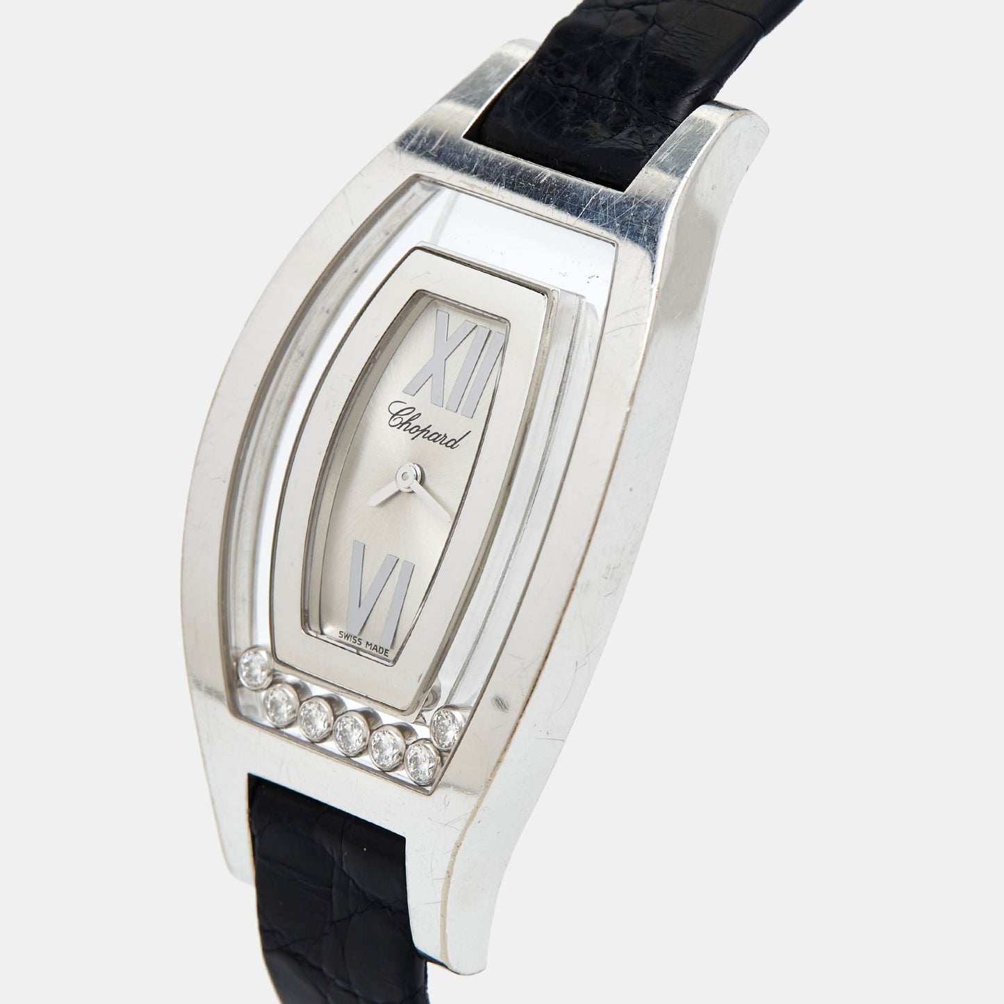 CHOPARD Silver 18k White Gold Diamond Leather Happy Diamonds 20/9028 Women's Wristwatch 28.5 mm