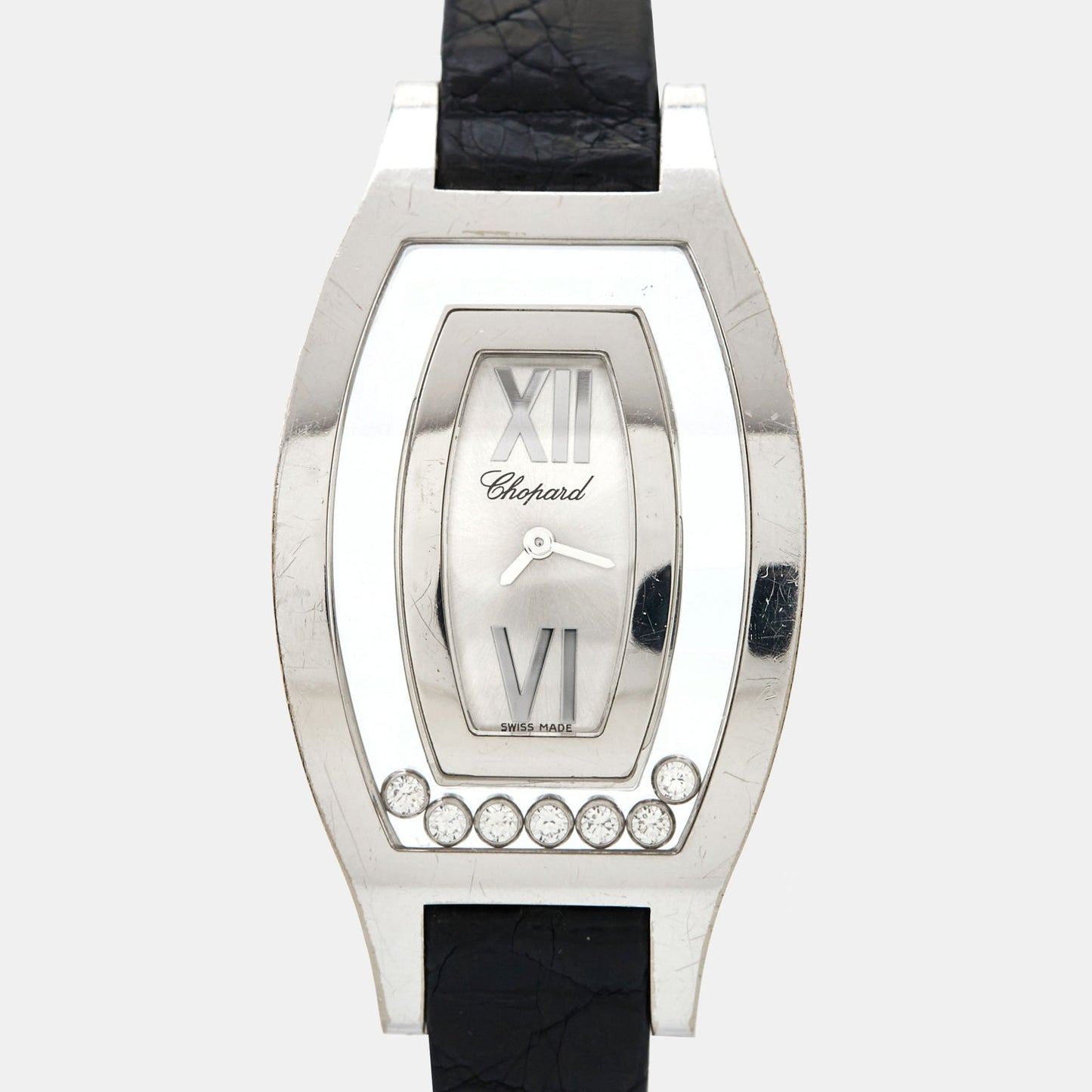 CHOPARD Silver 18k White Gold Diamond Leather Happy Diamonds 20/9028 Women's Wristwatch 28.5 mm