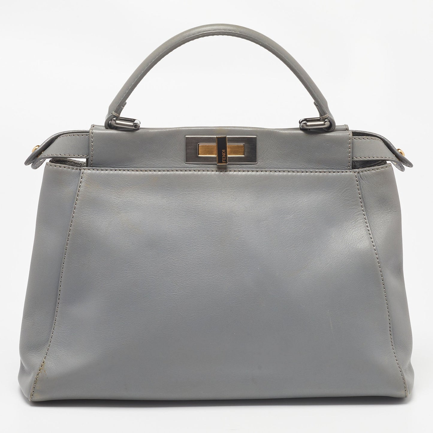 FENDI Grey Leather Medium Peekaboo Top Handle Bag