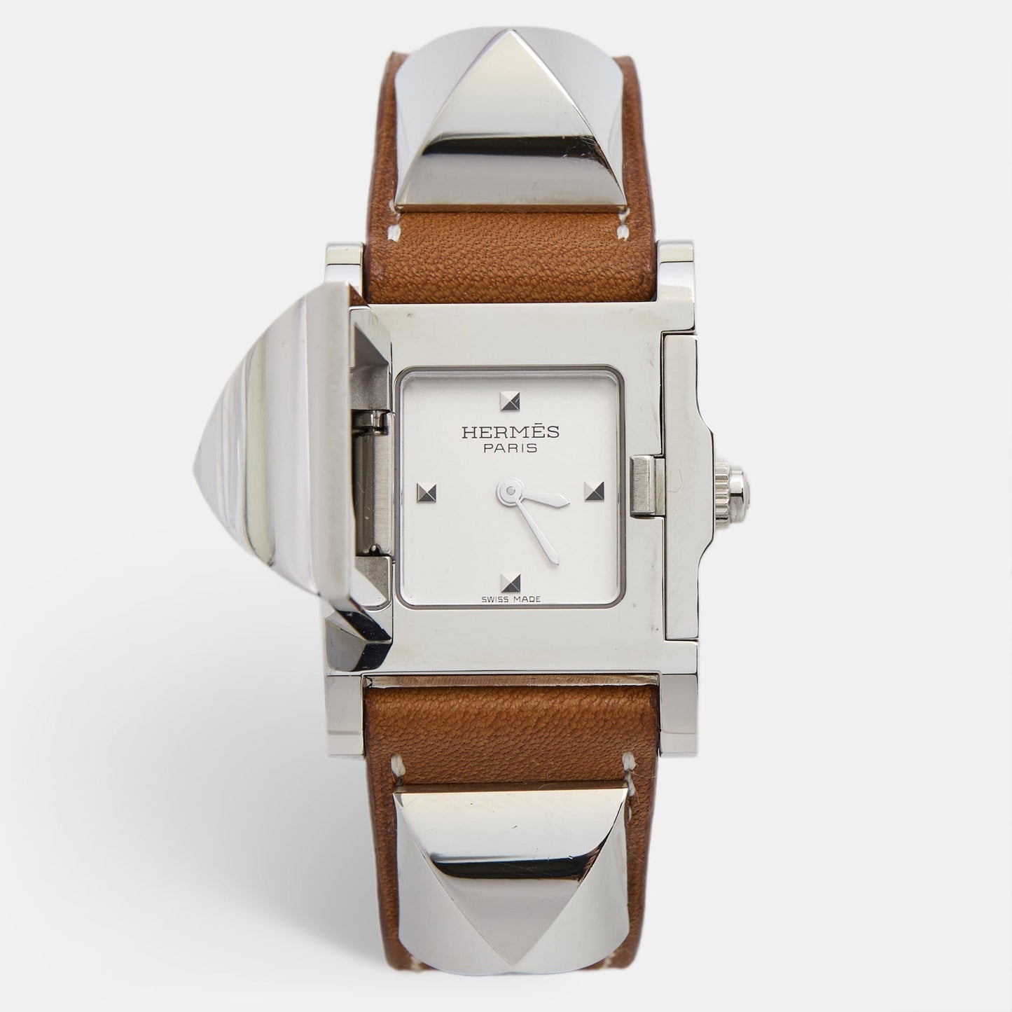 HERMES Silver Stainless Steel Leather Medor W028321WW00 Women's Wristwatch 23 mm