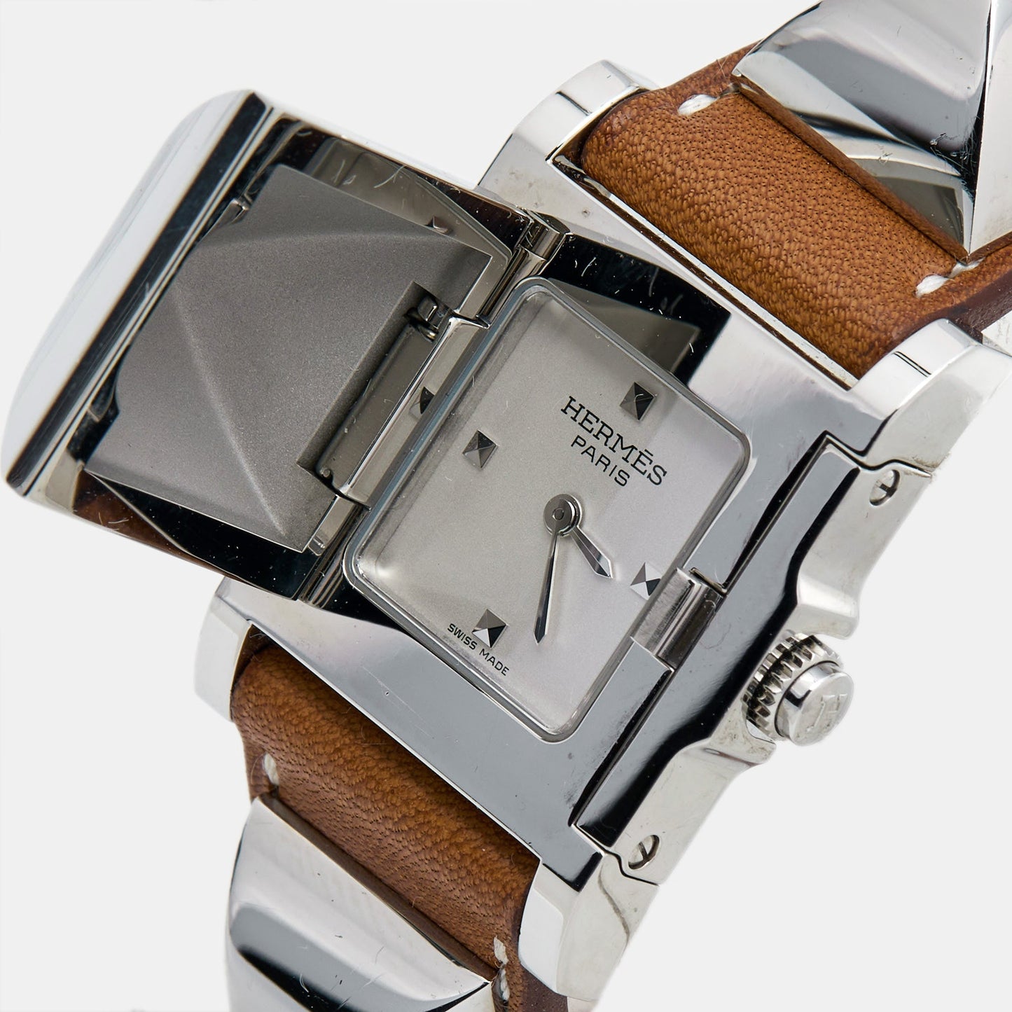 HERMES Silver Stainless Steel Leather Medor W028321WW00 Women's Wristwatch 23 mm