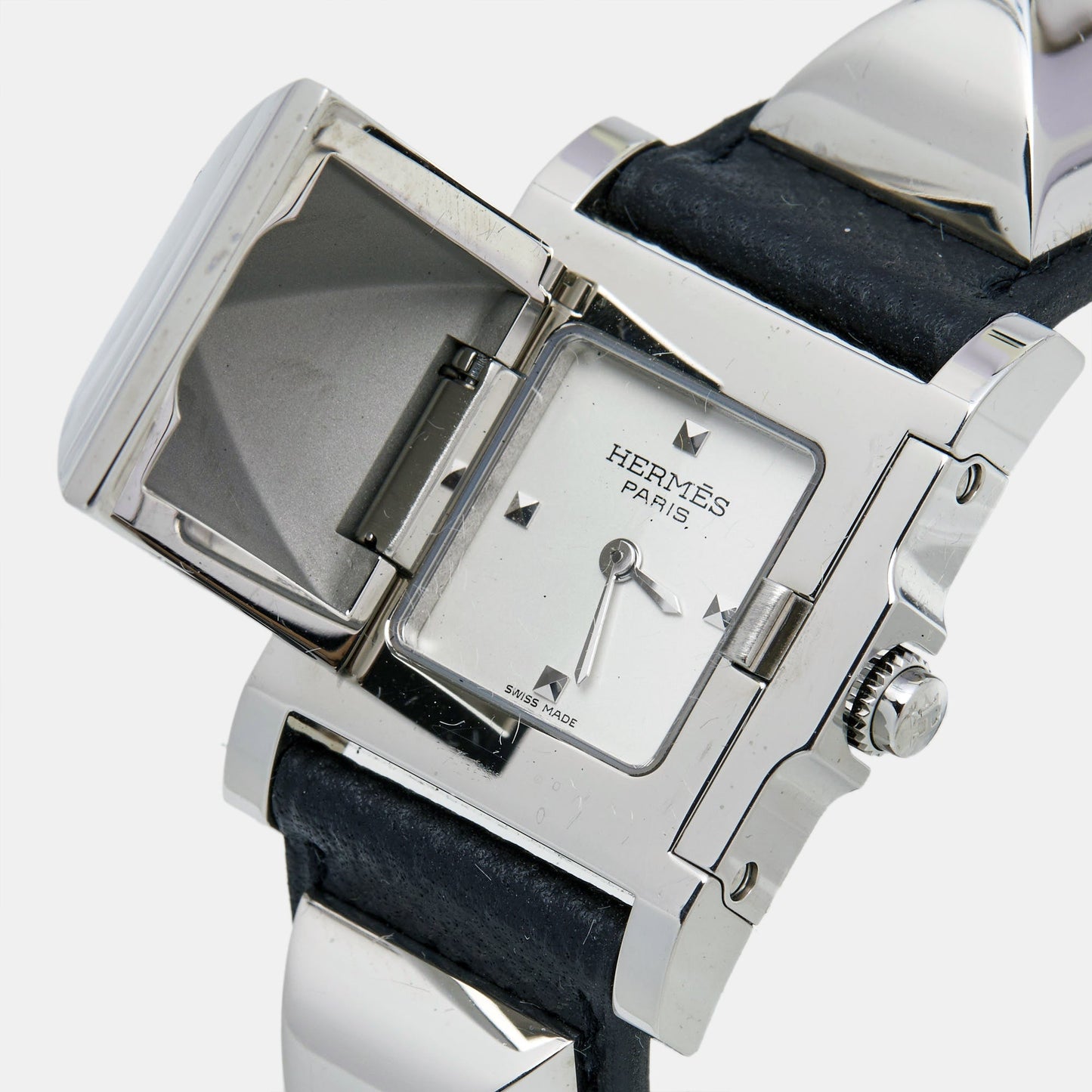 HERMES Silver Stainless Steel Leather Medor W028322WW00 Women's Wristwatch 23 mm