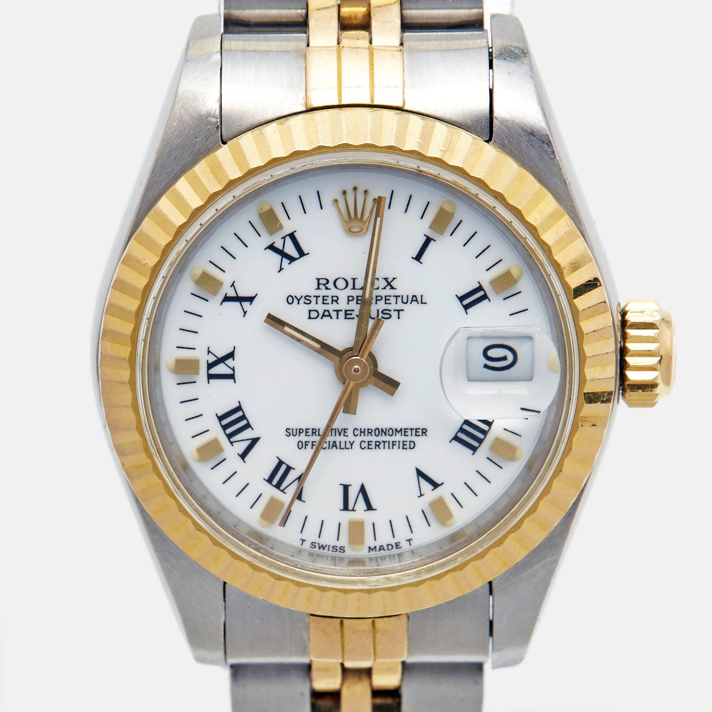 ROLEX White 18K Yellow Gold And Stainless Steel Datejust 69173 Women's Wristwatch 26 mm