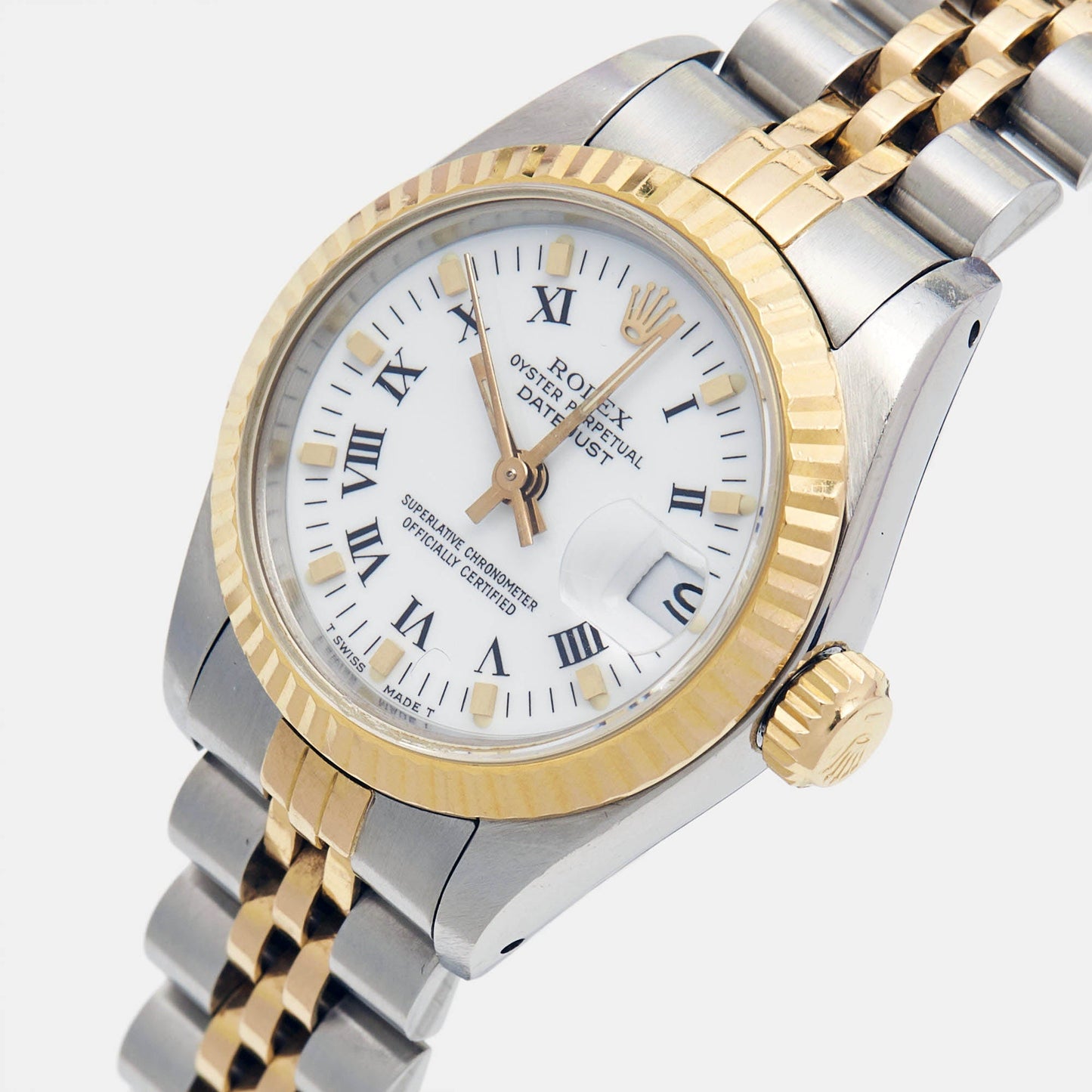 ROLEX White 18K Yellow Gold And Stainless Steel Datejust 69173 Women's Wristwatch 26 mm