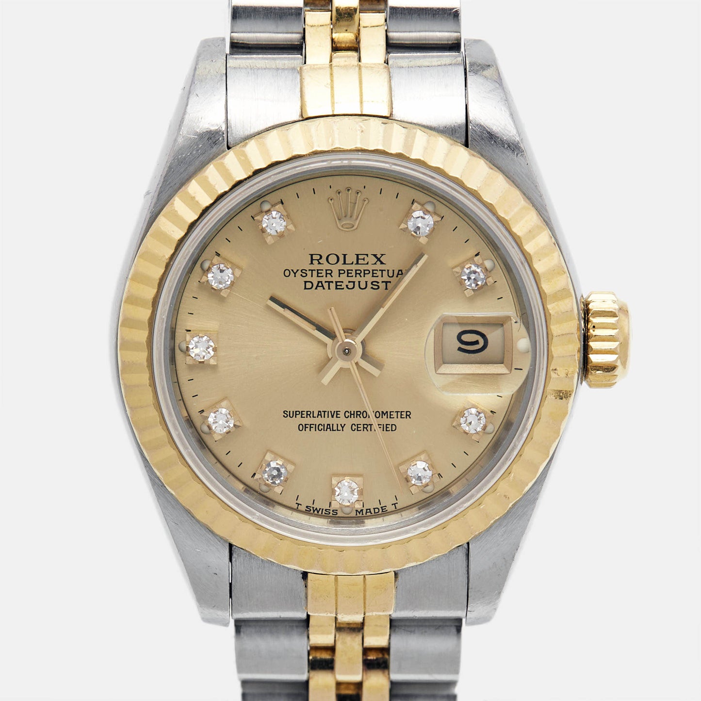 ROLEX Champagne Diamonds 18K Yellow Gold Stainless Steel Datejust 69173 Women's Wristwatch 26 mm