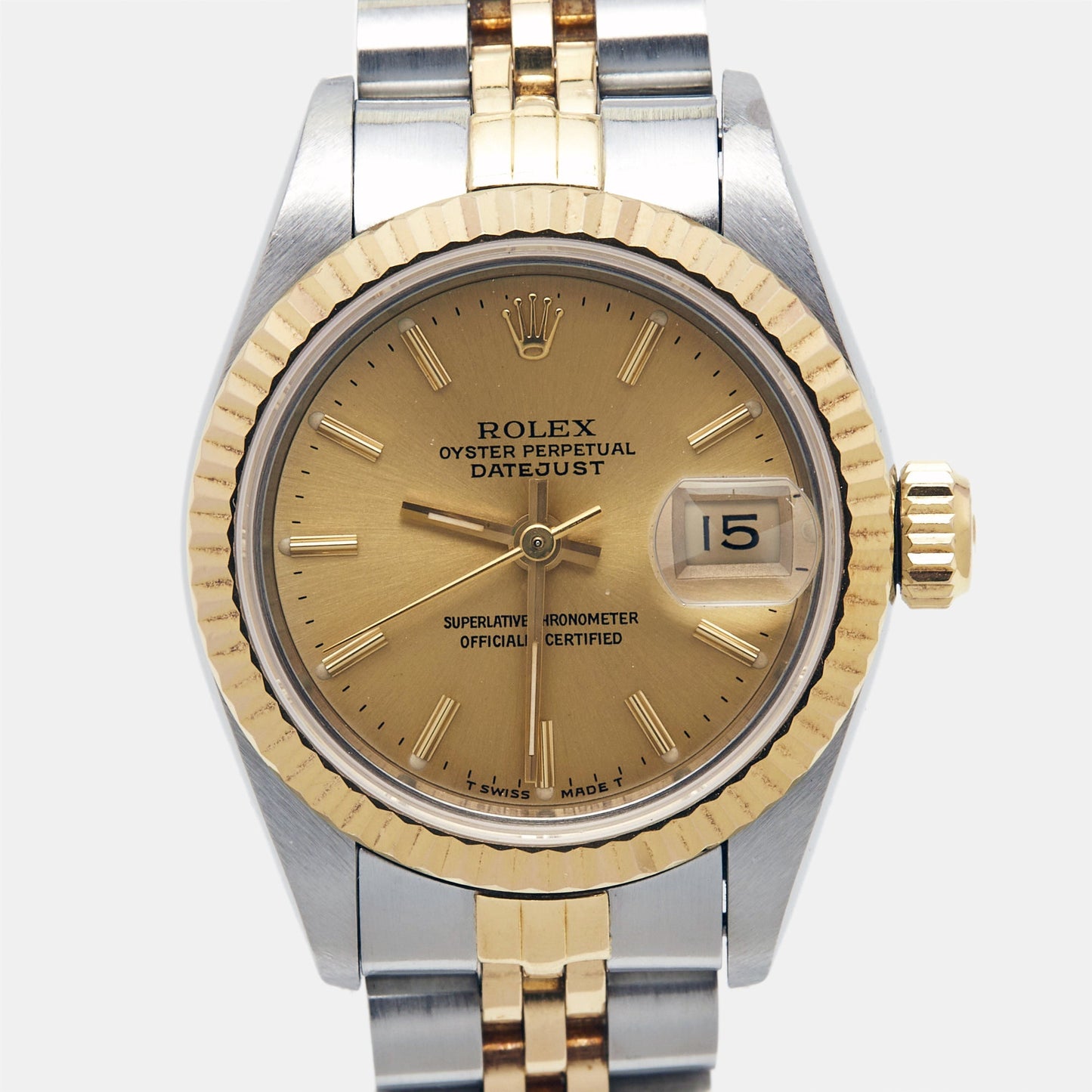 ROLEX Champagne 18k Yellow Gold Stainless Steel Datejust 69173 Women's Wristwatch 26 mm
