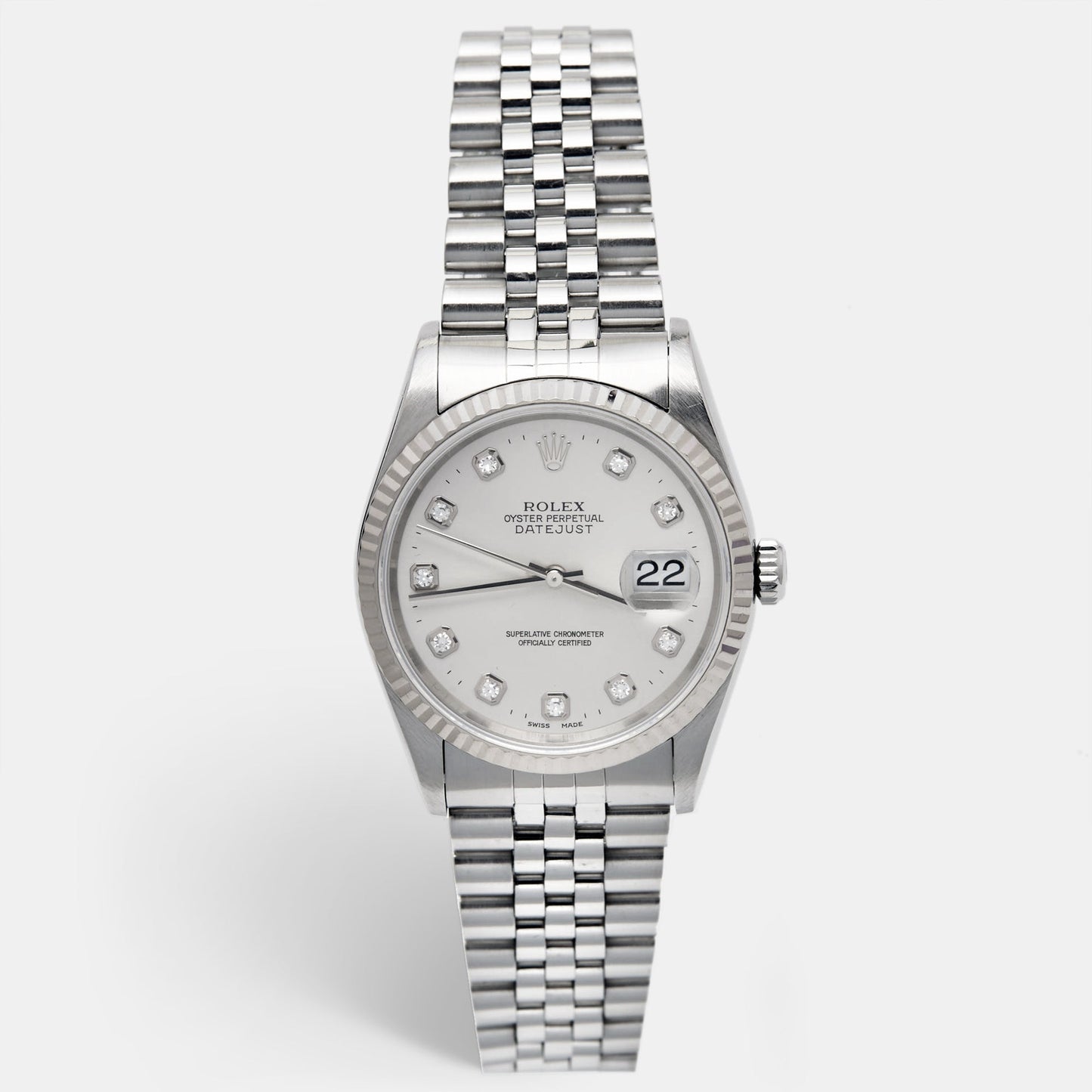 ROLEX Silver Diamond 18K White Gold Stainless Steel Datejust 16234 Unisex Wristwatch 36 mm