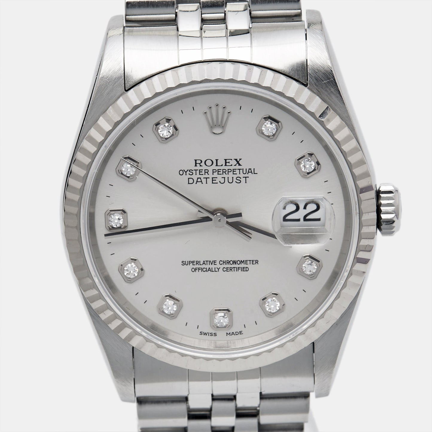 ROLEX Silver Diamond 18K White Gold Stainless Steel Datejust 16234 Unisex Wristwatch 36 mm