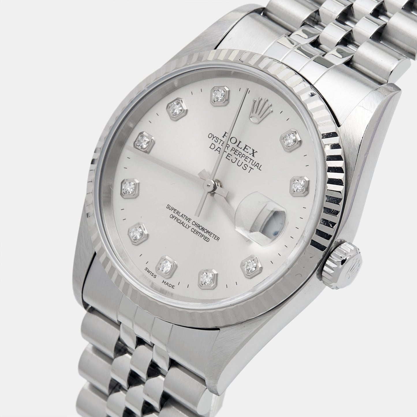 ROLEX Silver Diamond 18K White Gold Stainless Steel Datejust 16234 Unisex Wristwatch 36 mm