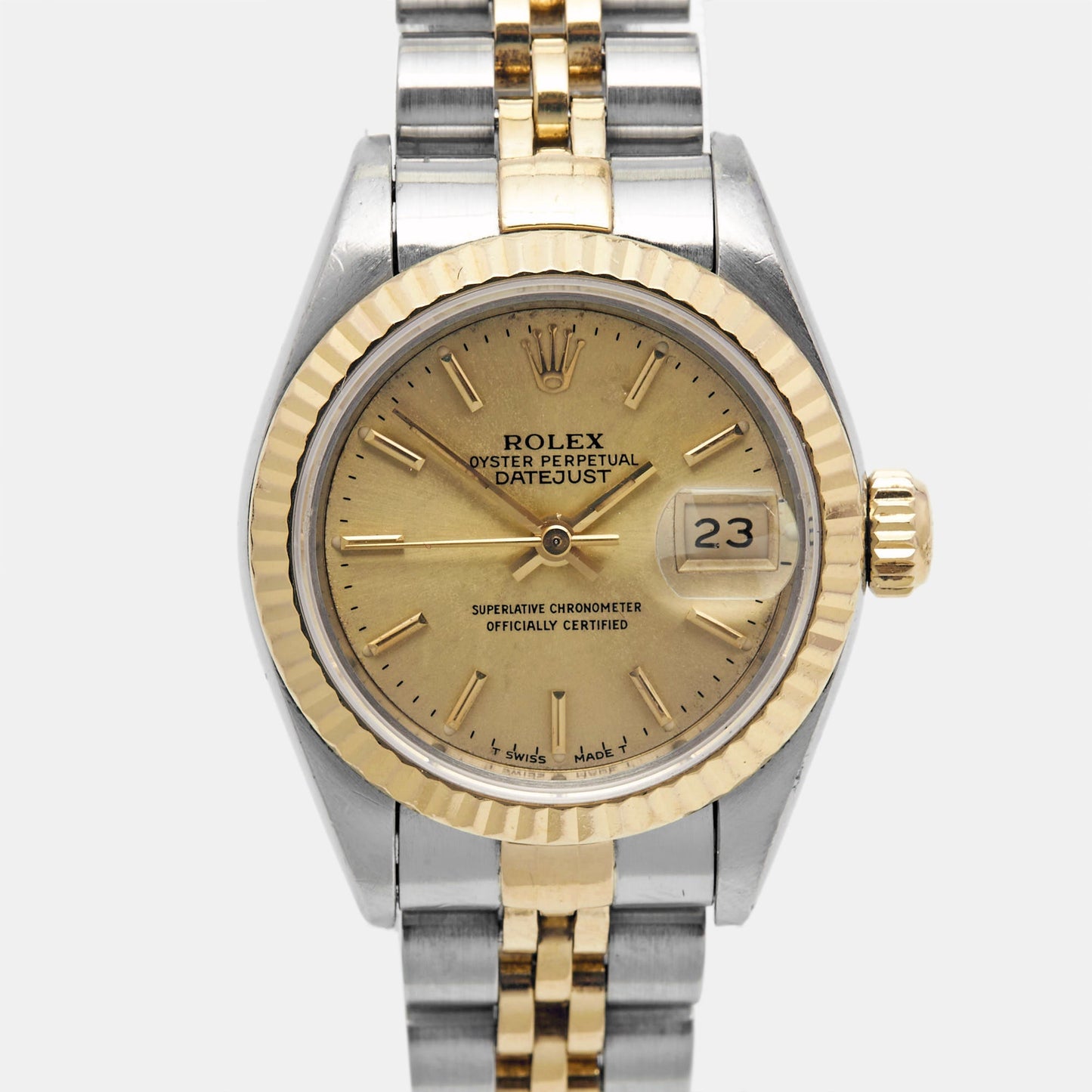ROLEX Champagne 18k Yellow Gold Stainless Steel Datejust 69173 Women's Wristwatch 26 mm