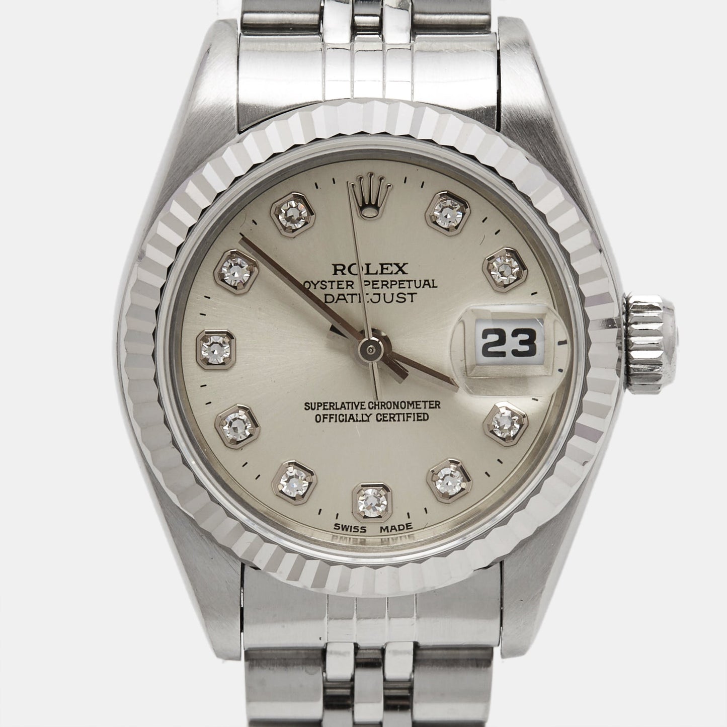ROLEX Silver Diamond 18k White Gold Stainless Steel Datejust 69174 Women's Wristwatch 26 mm