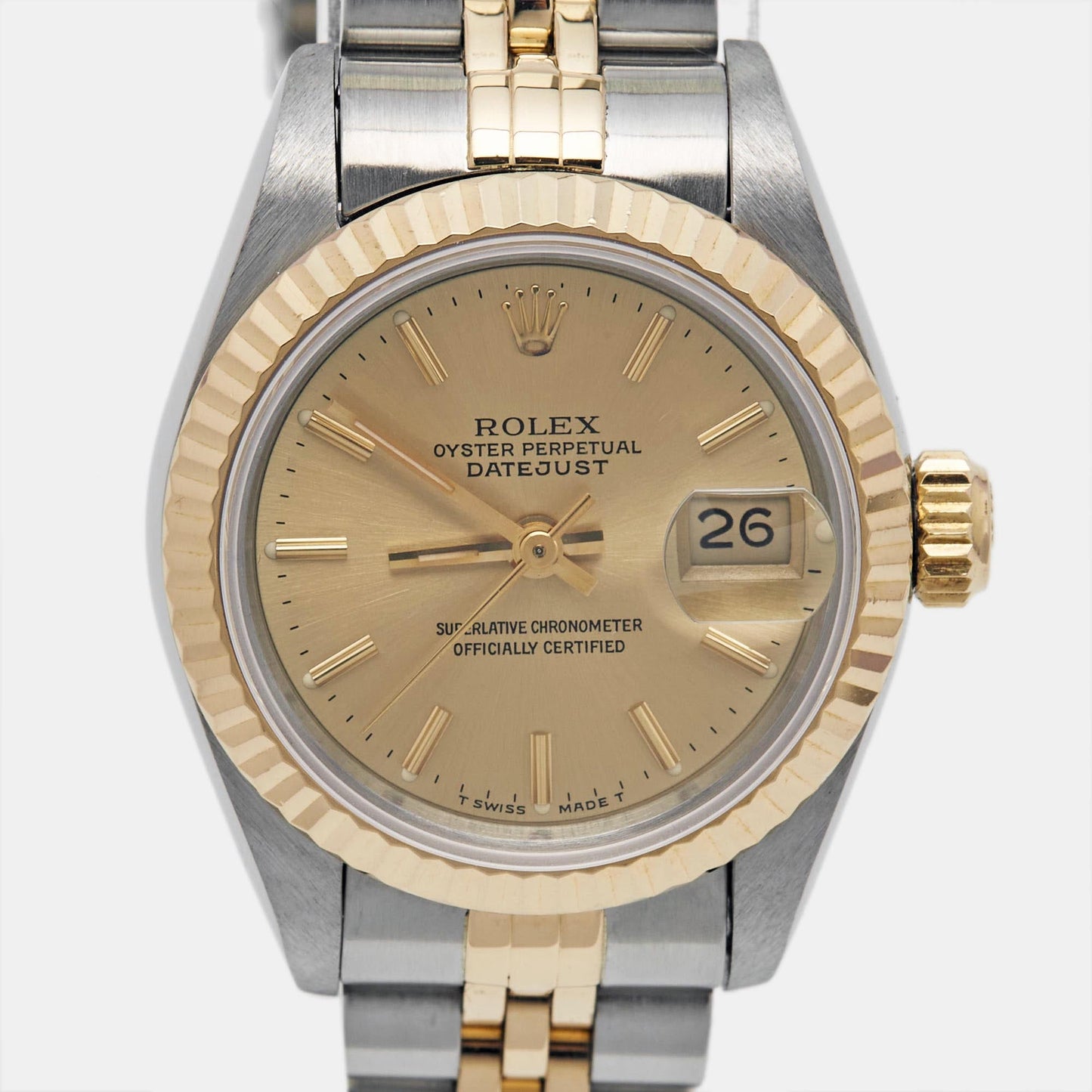 ROLEX Champagne 18k Yellow Gold Stainless Steel Datejust 69173 Women's Wristwatch 26 mm