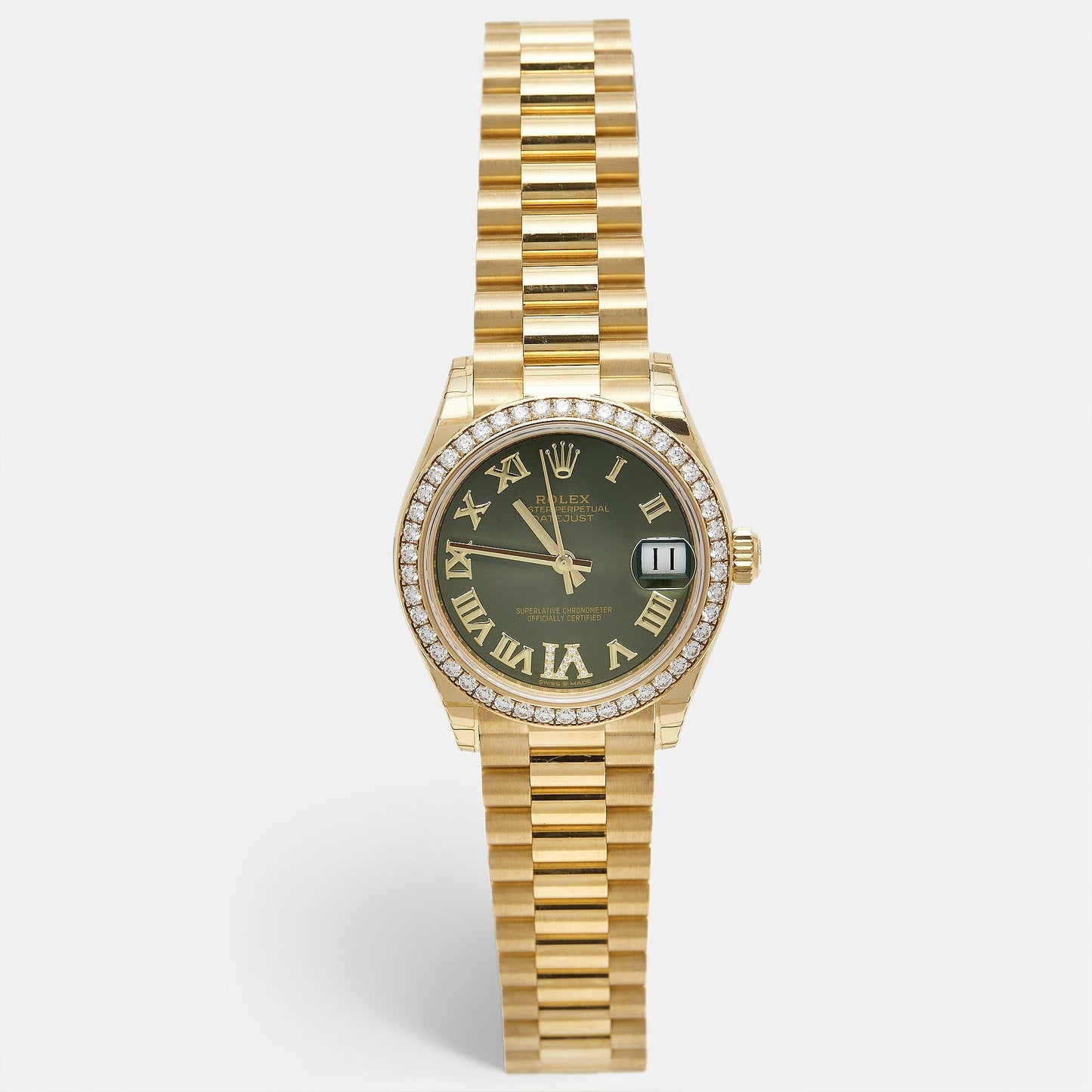 ROLEX Olive Green Diamond 18K Yellow Gold President Datejust 278288BRBR Women's Wristwatch 31 mm