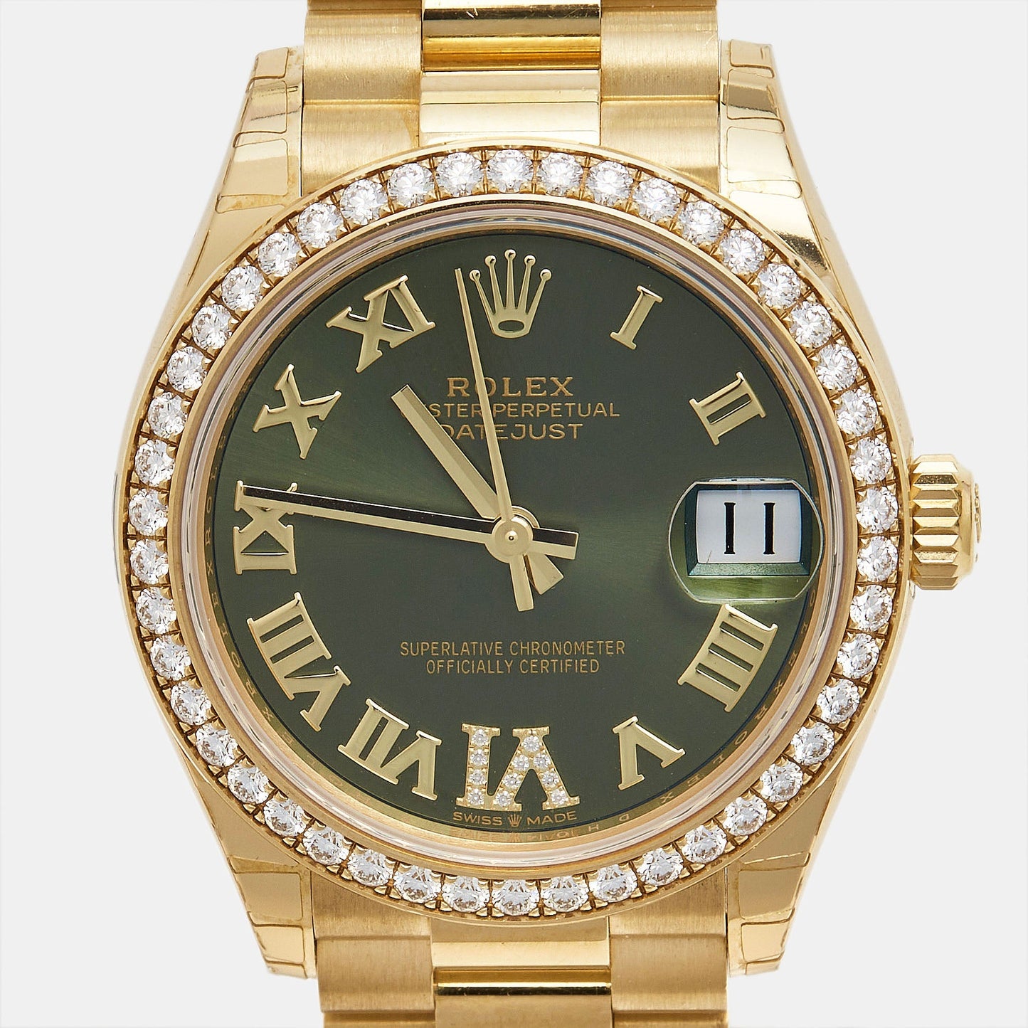 ROLEX Olive Green Diamond 18K Yellow Gold President Datejust 278288BRBR Women's Wristwatch 31 mm