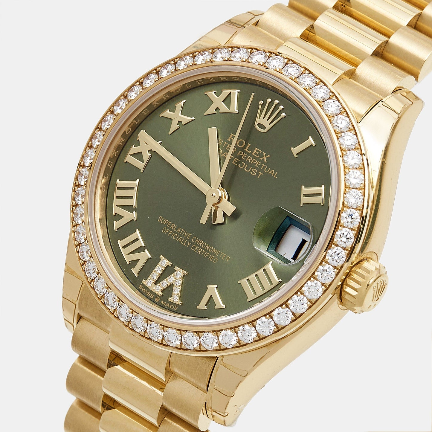 ROLEX Olive Green Diamond 18K Yellow Gold President Datejust 278288BRBR Women's Wristwatch 31 mm