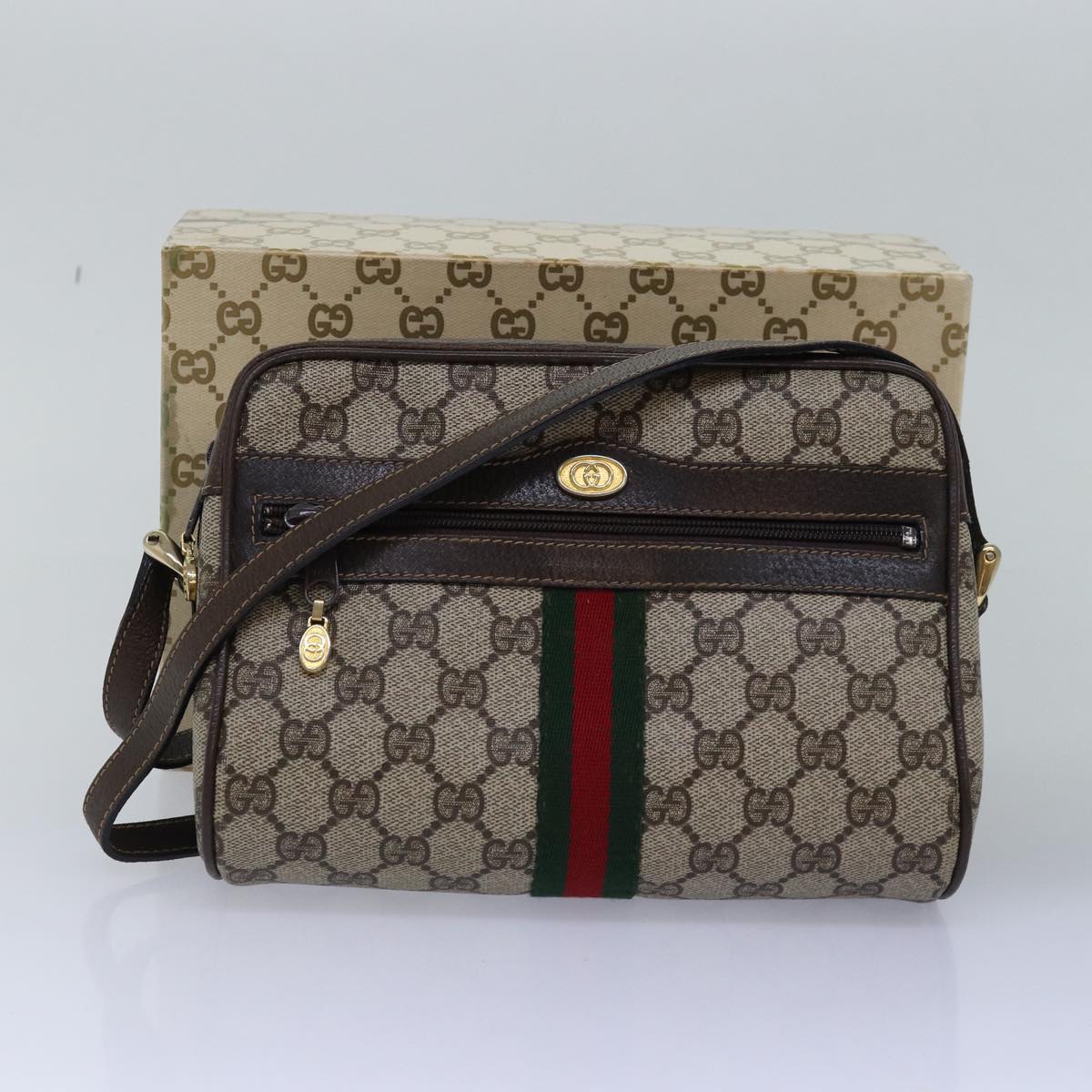 GUCCI GG Supreme Web Sherry Line Shoulder Bag PVC Beige Red Green mr249