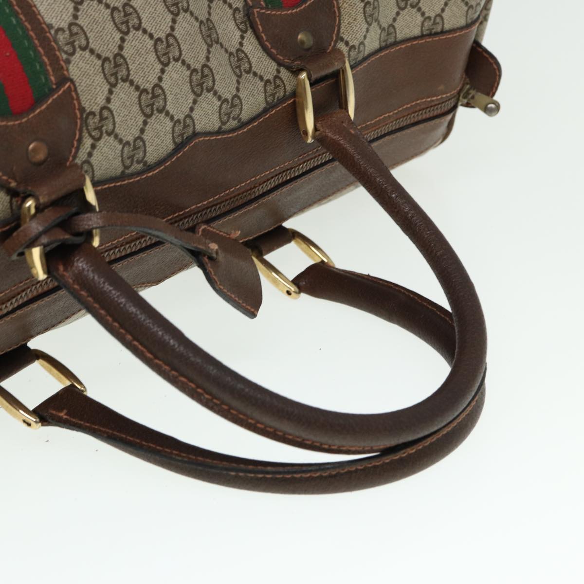 GUCCI GG Supreme Web Sherry Line Boston Bag PVC Leather Beige Red mr334