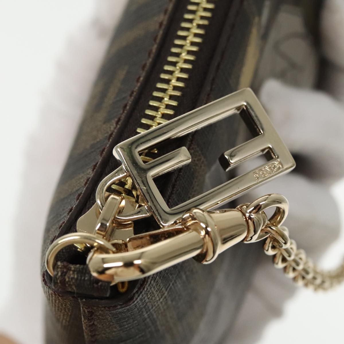 FENDI Zucca Canvas Chain Ladybug Accessory Pouch Brown Black mr567A