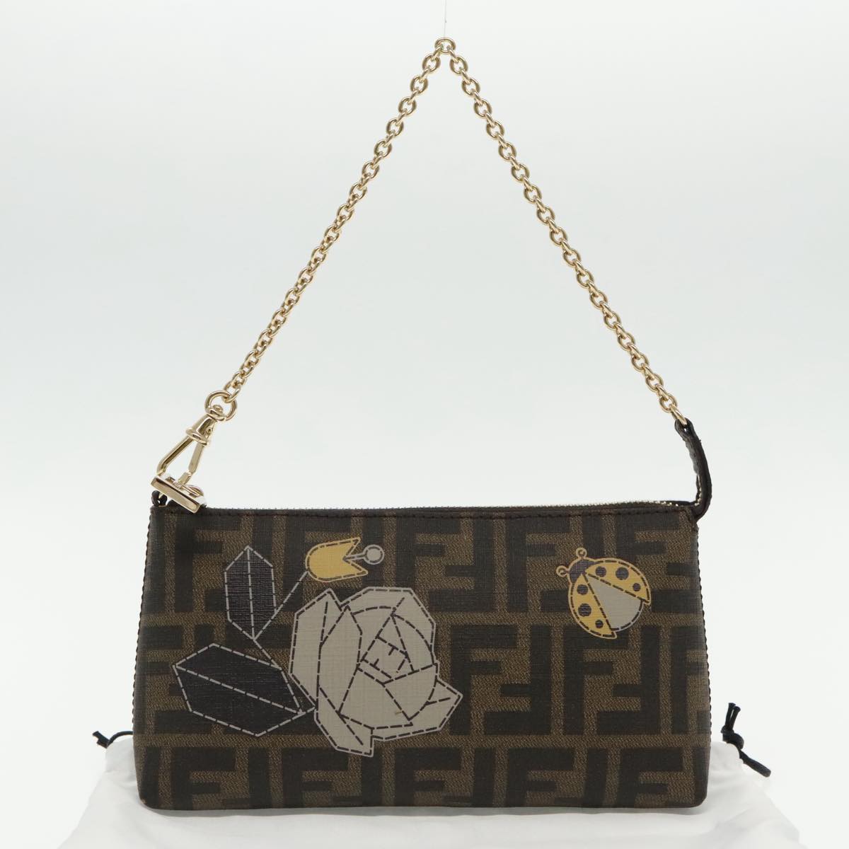 FENDI Zucca Canvas Chain Ladybug Accessory Pouch Brown Black mr567A