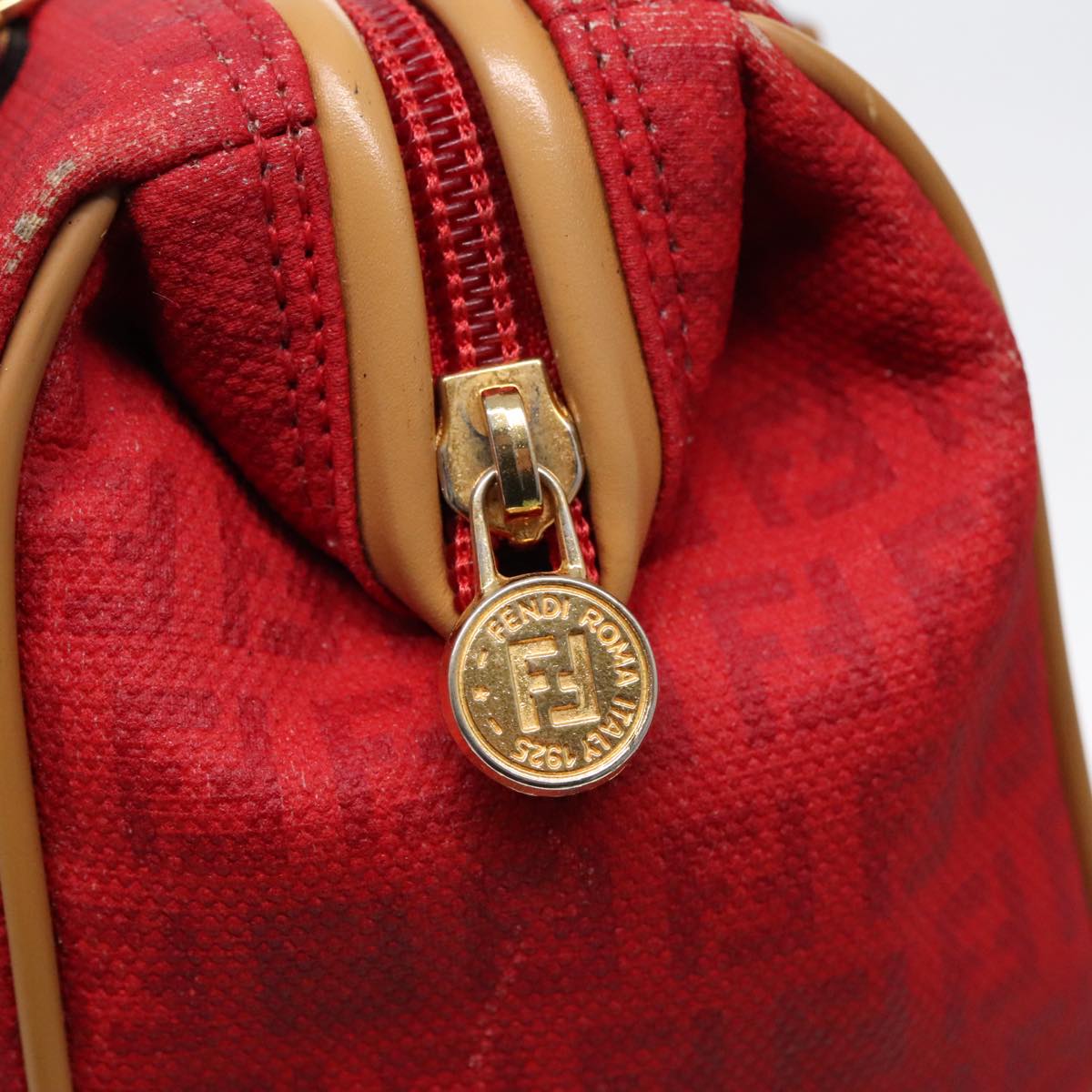 FENDI Zucchino Canvas Hand Bag 2way Red Brown Gold mr568