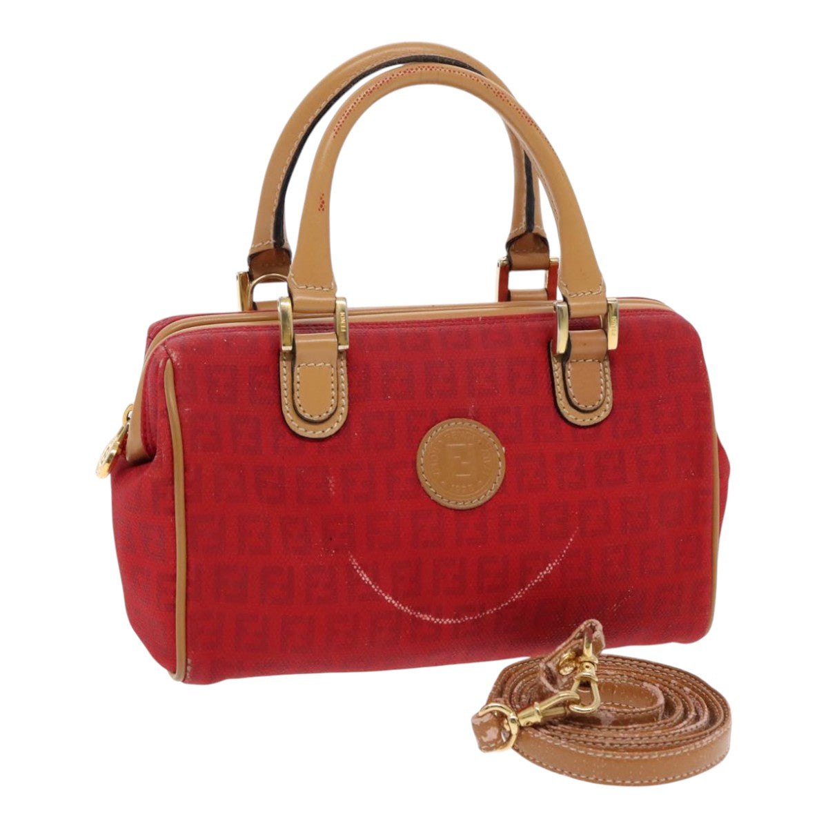 FENDI Zucchino Canvas Hand Bag 2way Red Brown Gold mr568