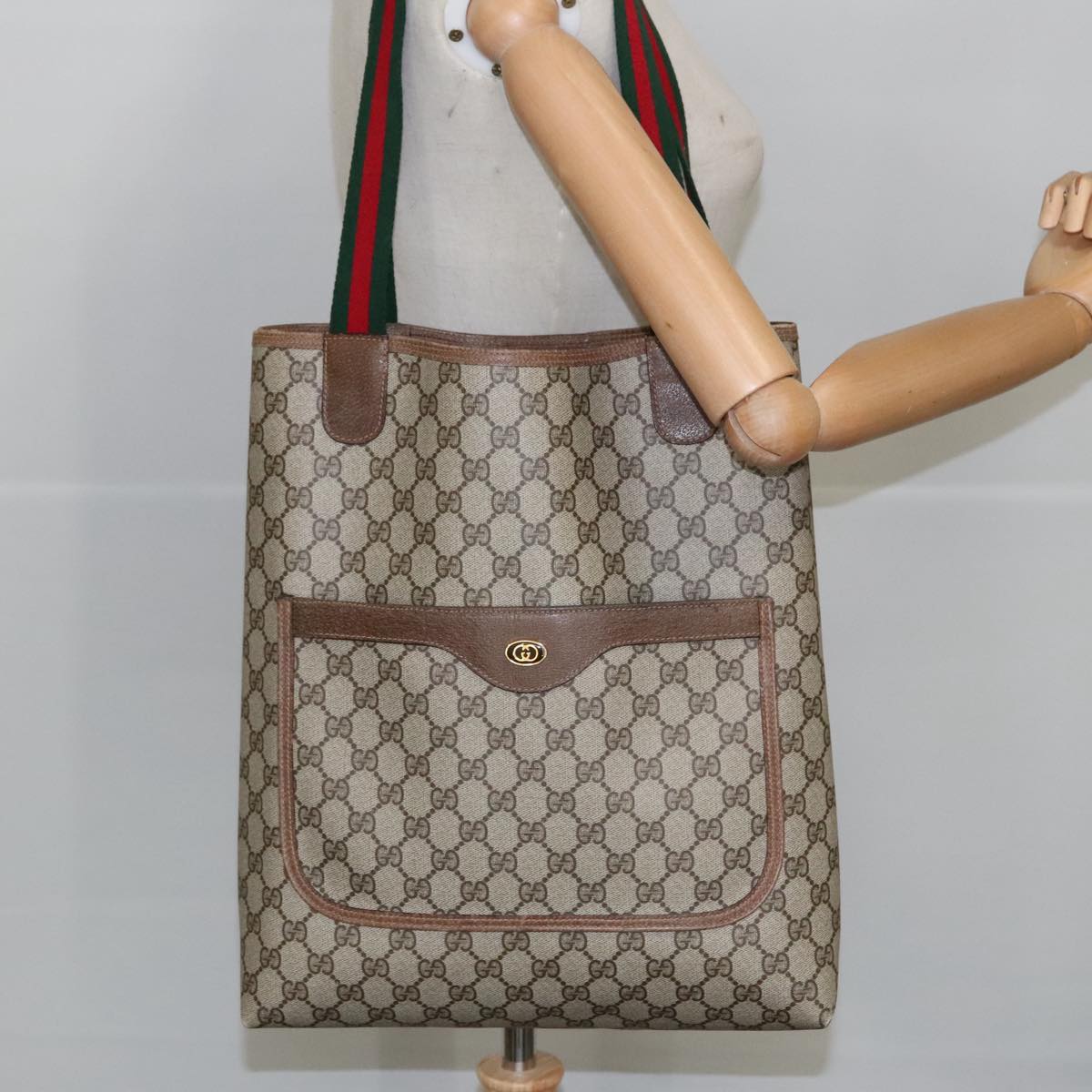 GUCCI GG Supreme Web Sherry Line Tote Bag PVC Beige Red 39 02 003 mr666